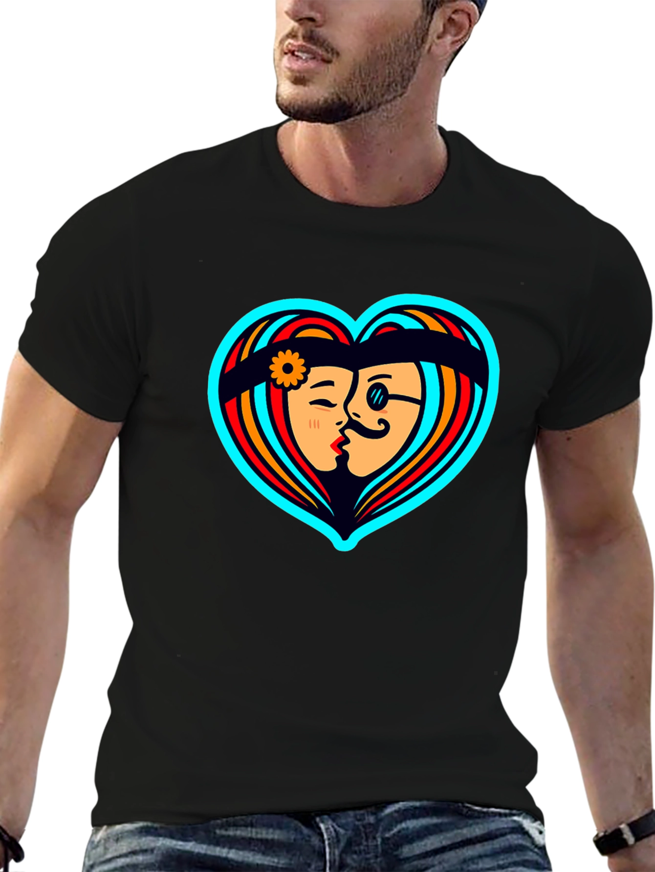 Retro Love Heart Graphic Tee - Black Cotton Shirt