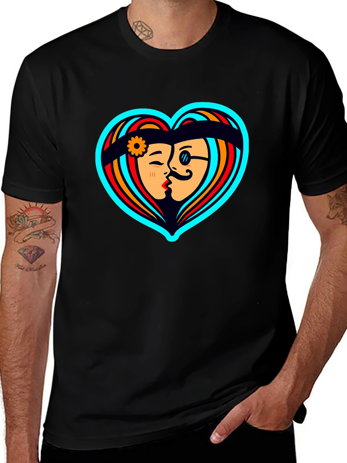Retro Love Heart Graphic Tee - Black Cotton Shirt