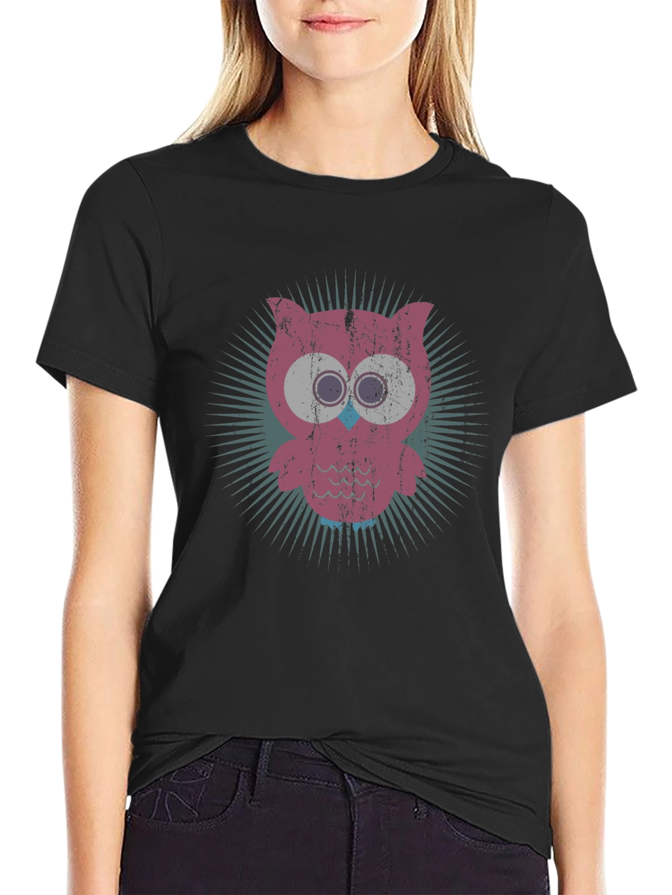 Retro Owl Graphic Tee - Black Cotton Blend T-Shirt