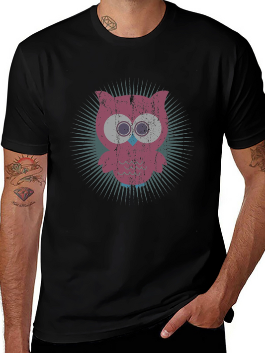 Retro Owl Graphic Tee - Black Cotton Blend T-Shirt