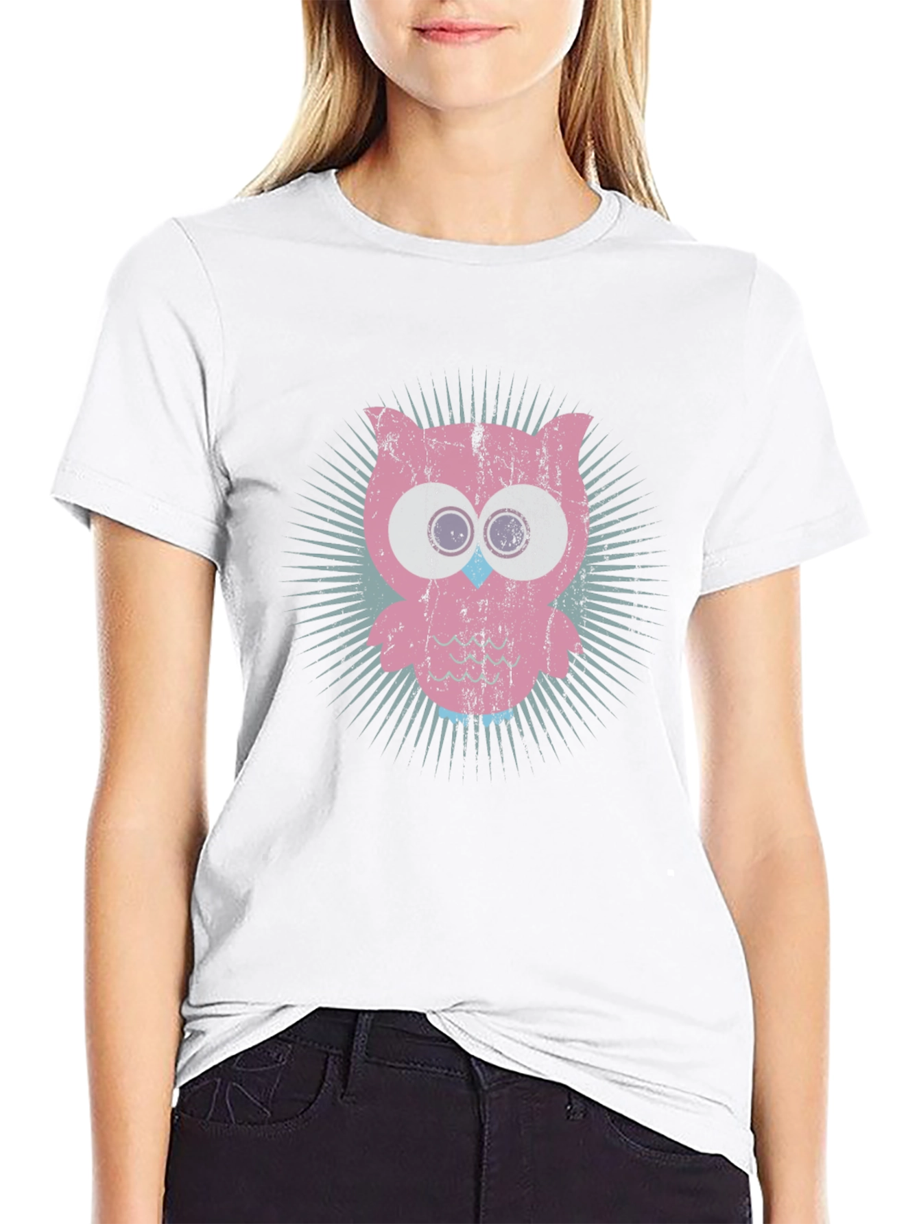 Retro Owl Graphic Tee - Black Cotton Blend T-Shirt