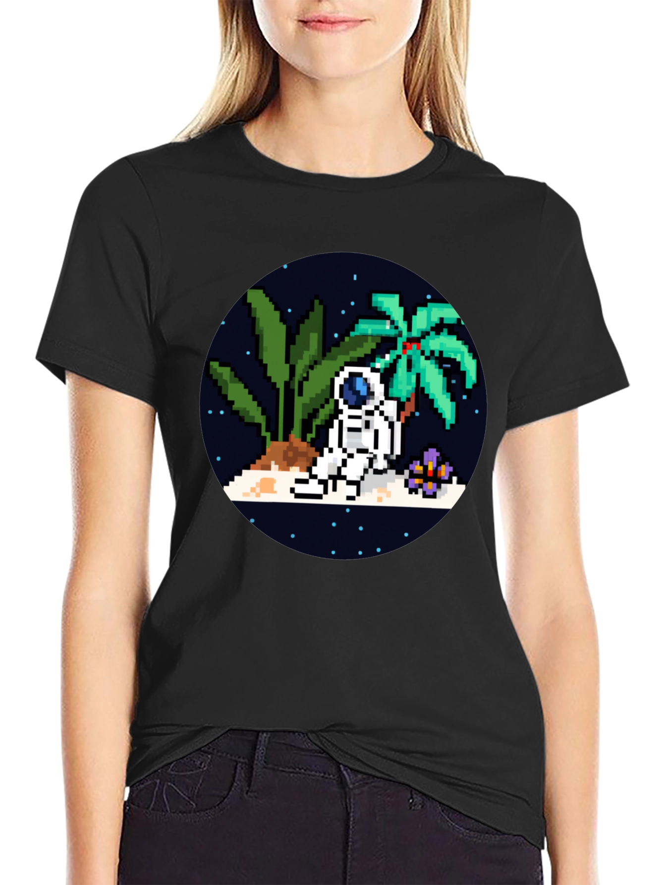 Pixel Astronaut Island Black T-Shirt