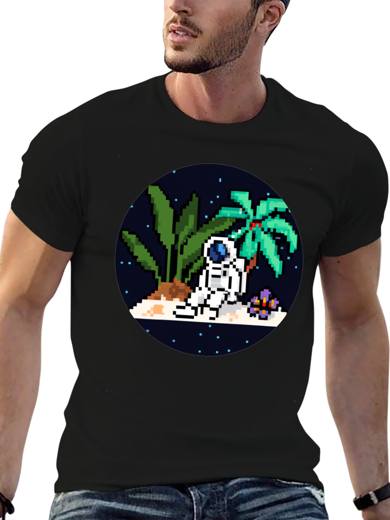 Pixel Astronaut Island Black T-Shirt