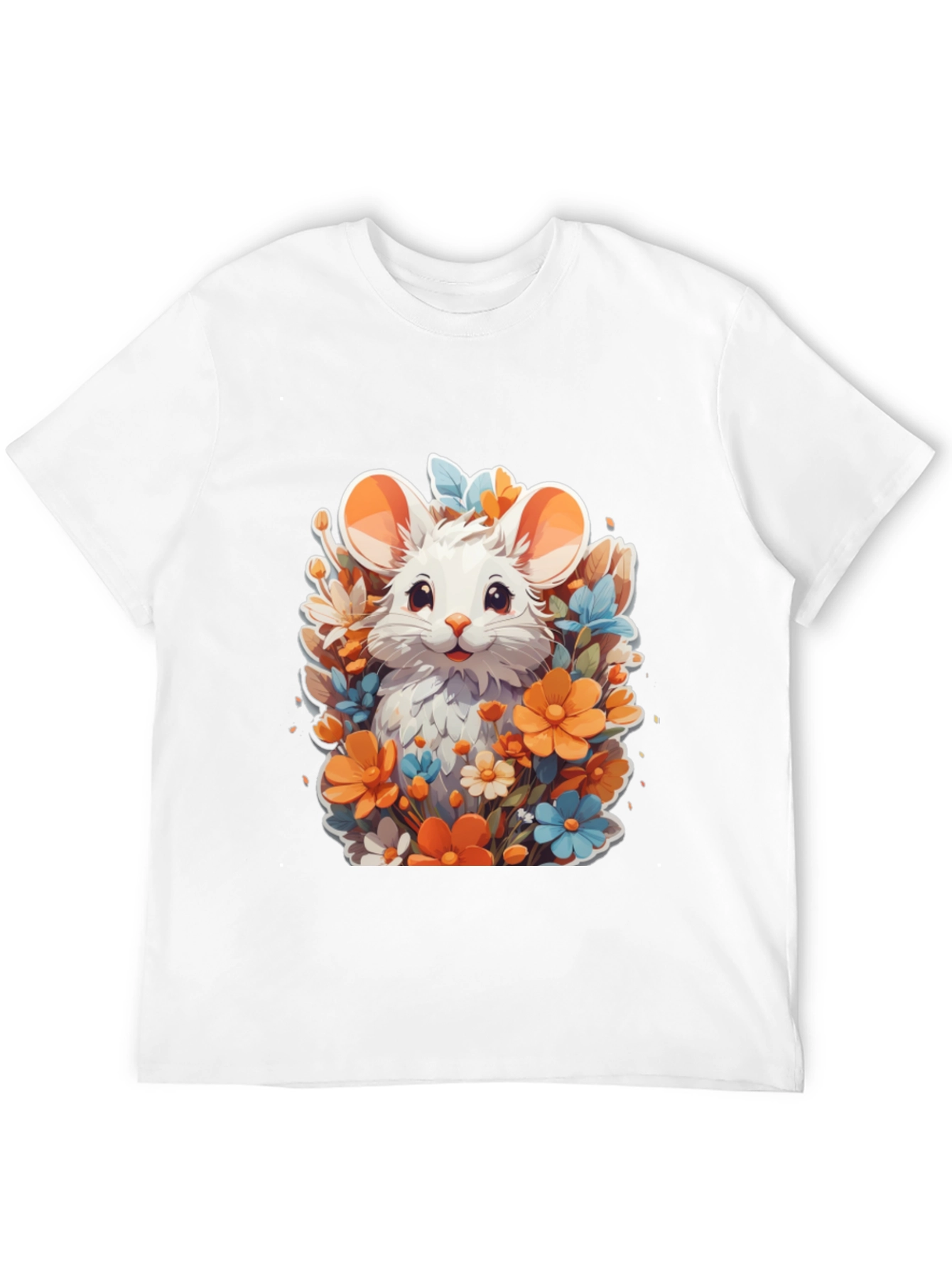Cute Mouse & Flowers Black T-Shirt