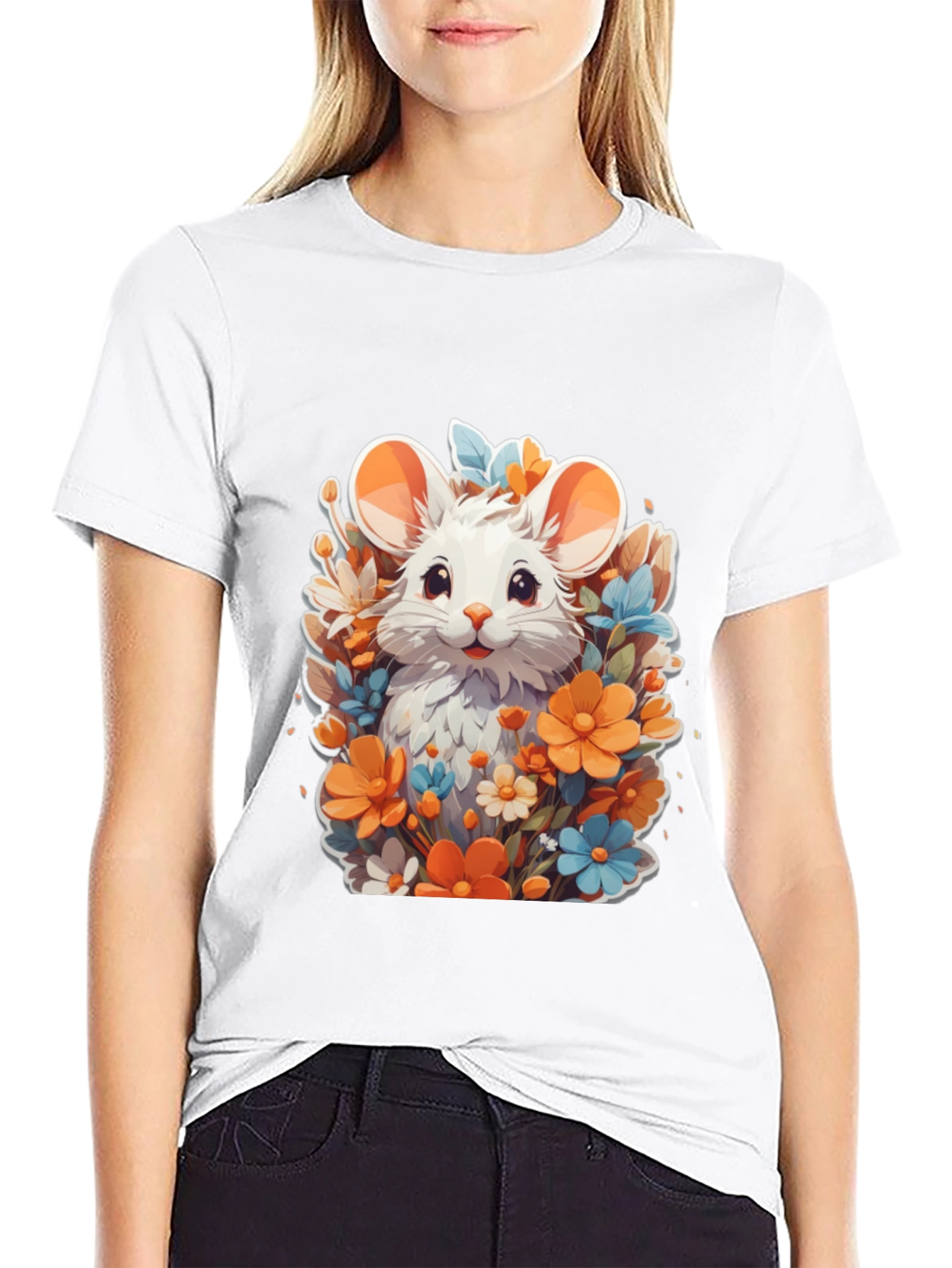Cute Mouse & Flowers Black T-Shirt