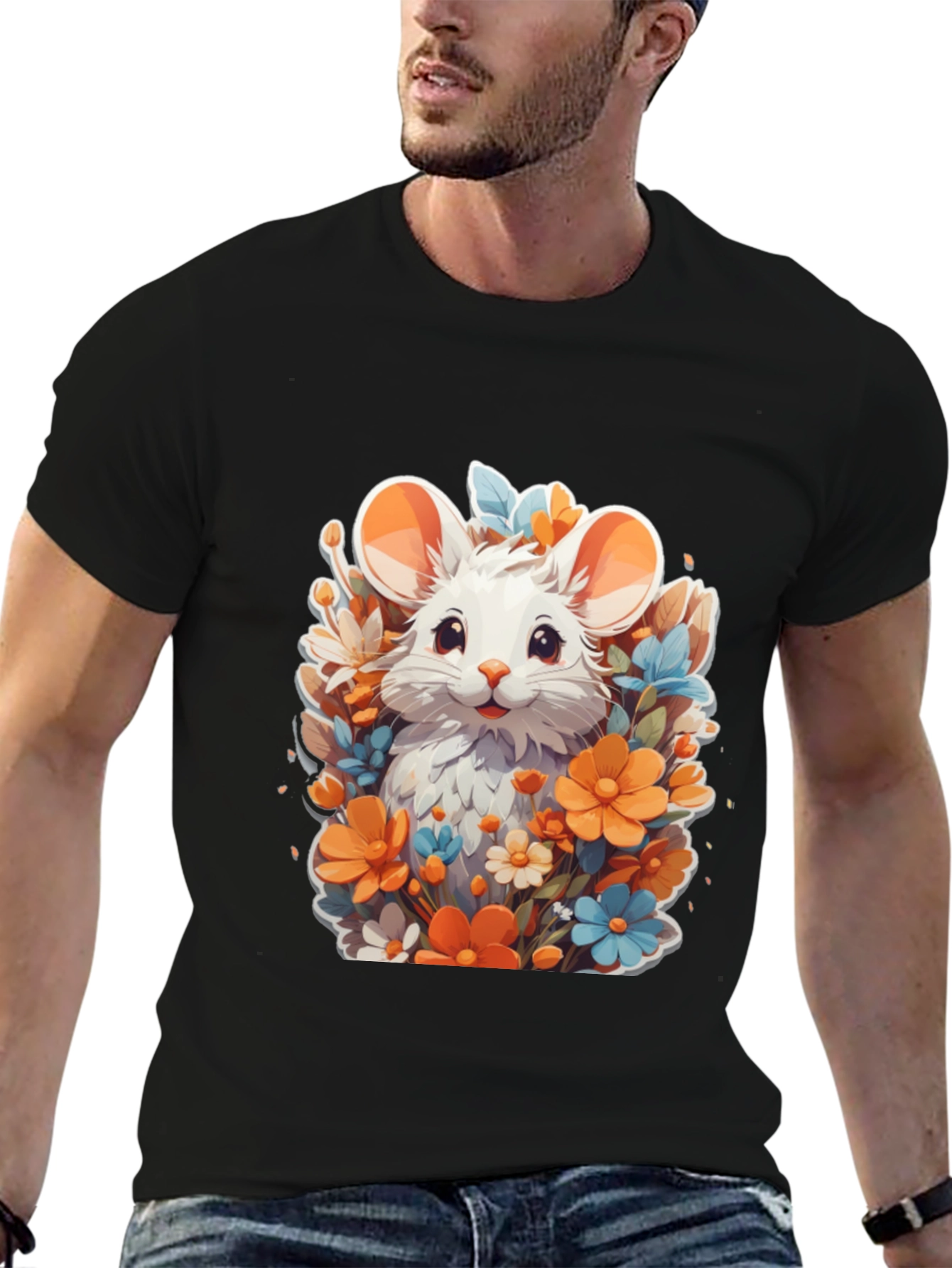 Cute Mouse & Flowers Black T-Shirt