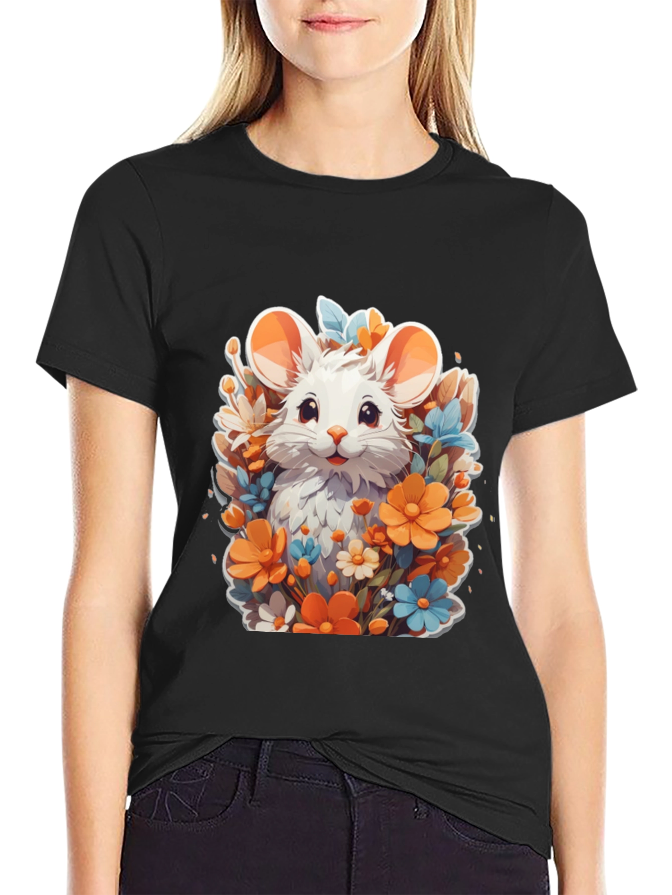 Cute Mouse & Flowers Black T-Shirt