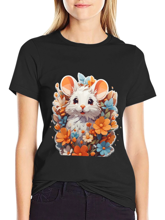 Cute Mouse & Flowers Black T-Shirt