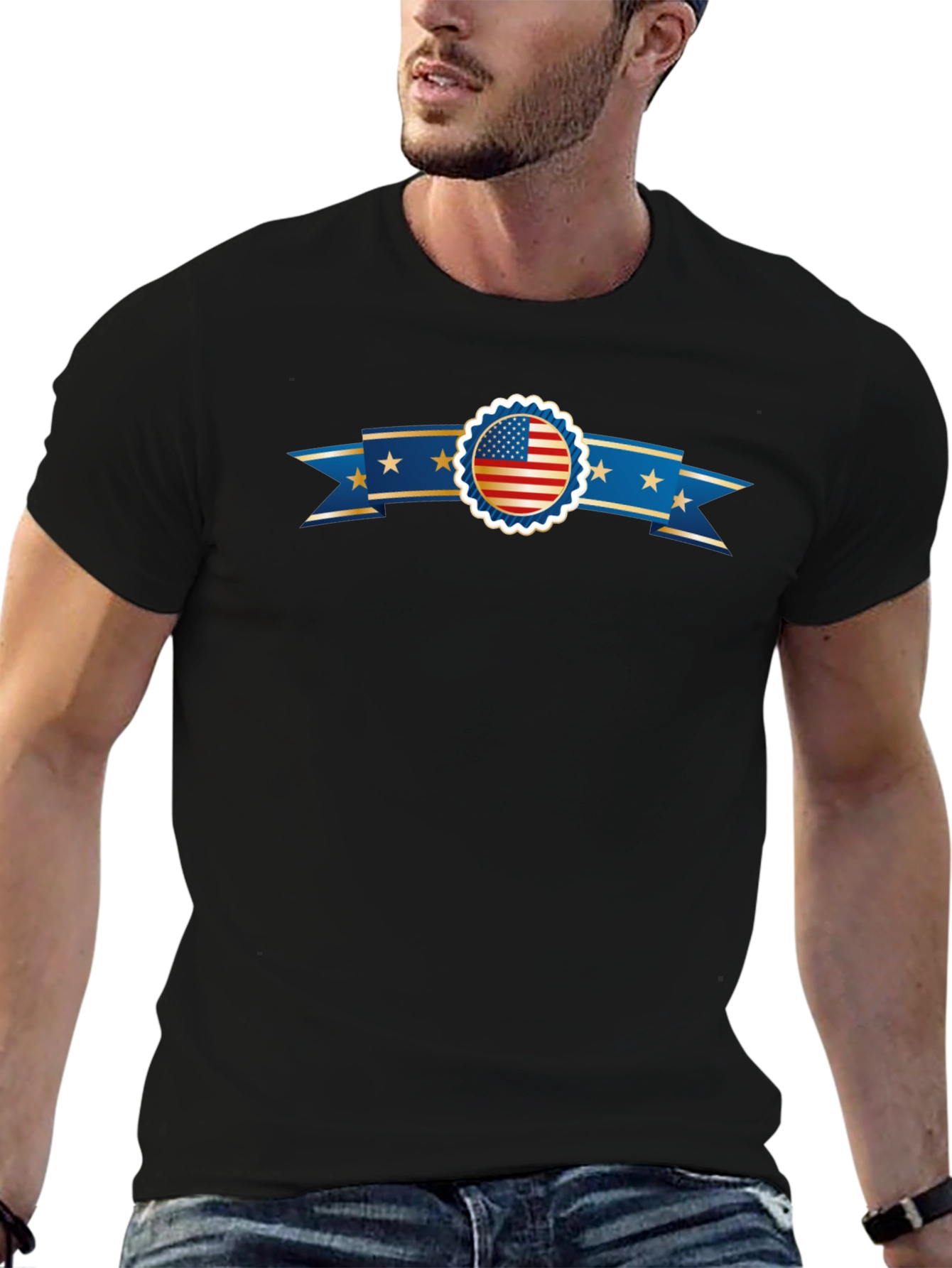 American Flag Ribbon Graphic Black T-Shirt