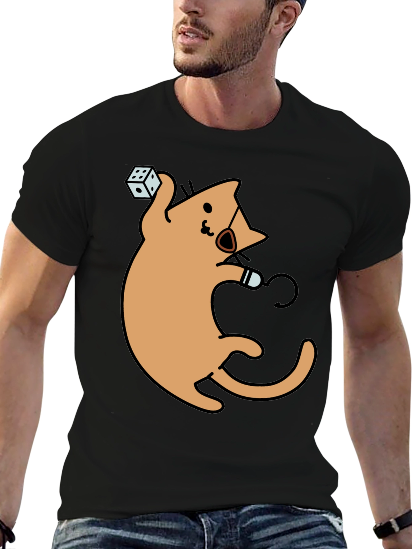 Dice Cat Graphic Tee - Black Cotton Shirt