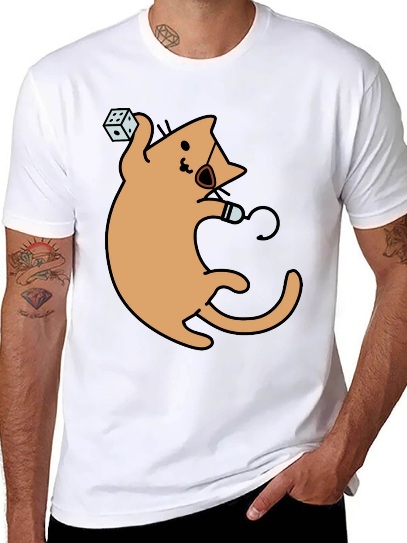 Dice Cat Graphic Tee - Black Cotton Shirt