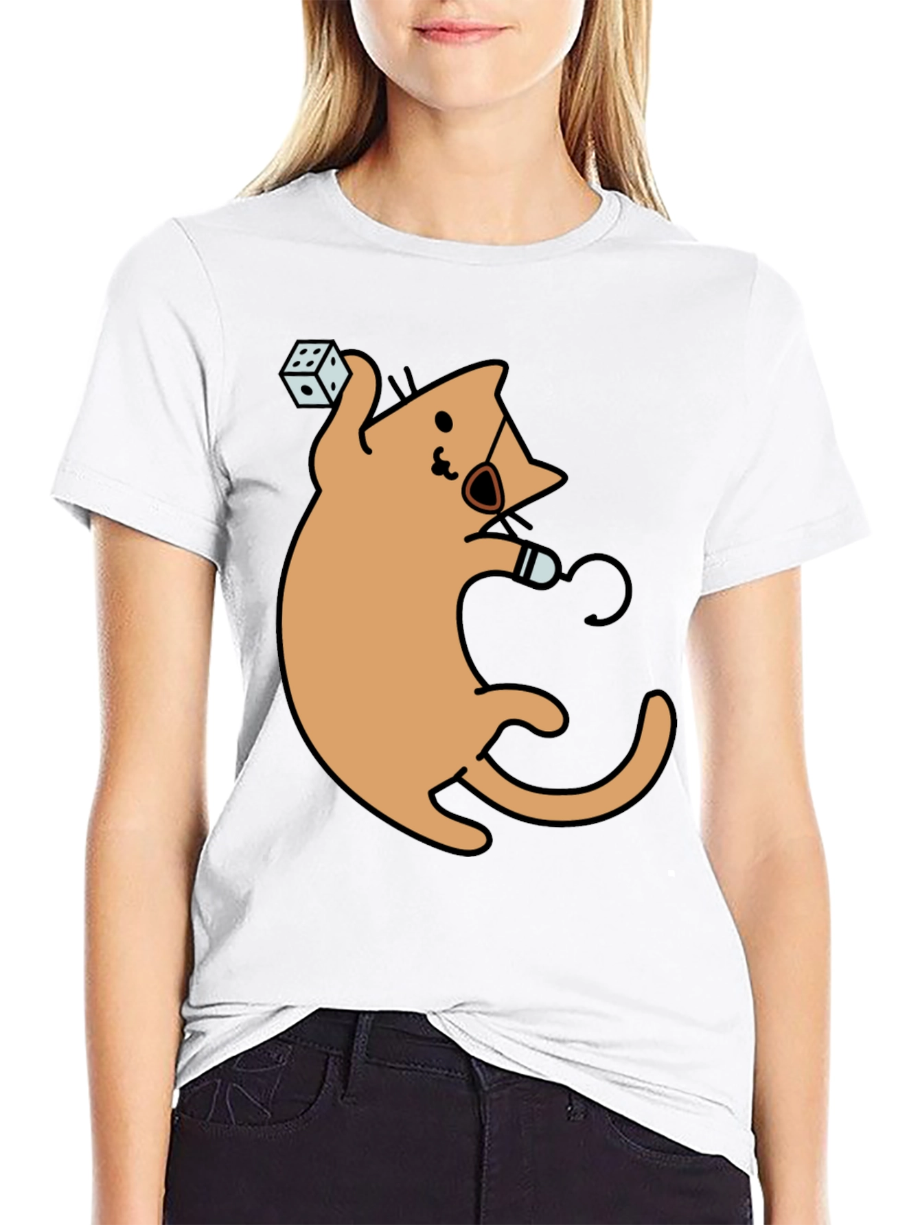 Dice Cat Graphic Tee - Black Cotton Shirt
