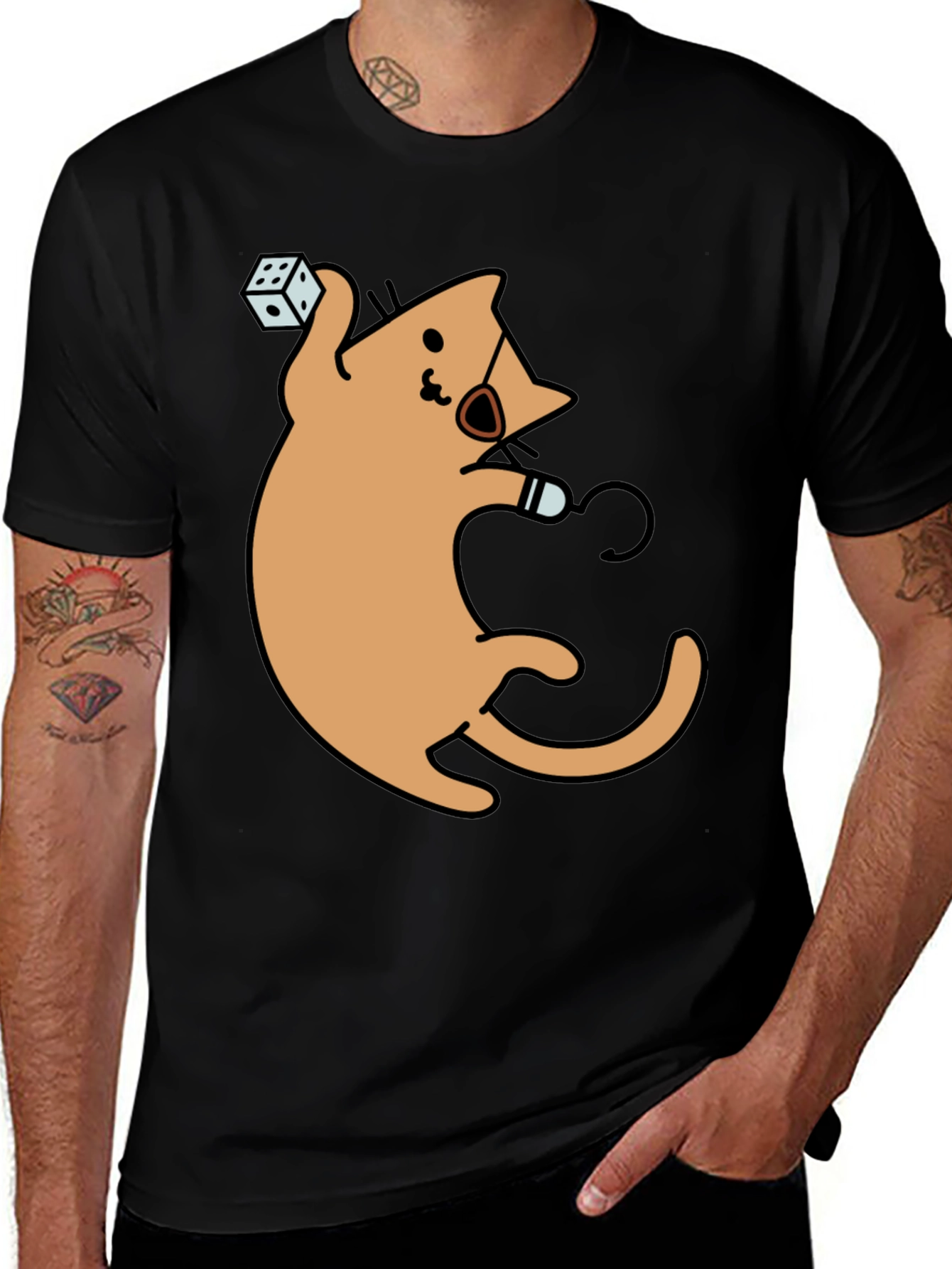 Dice Cat Graphic Tee - Black Cotton Shirt