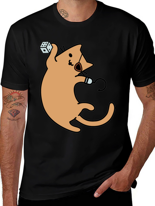 Dice Cat Graphic Tee - Black Cotton Shirt