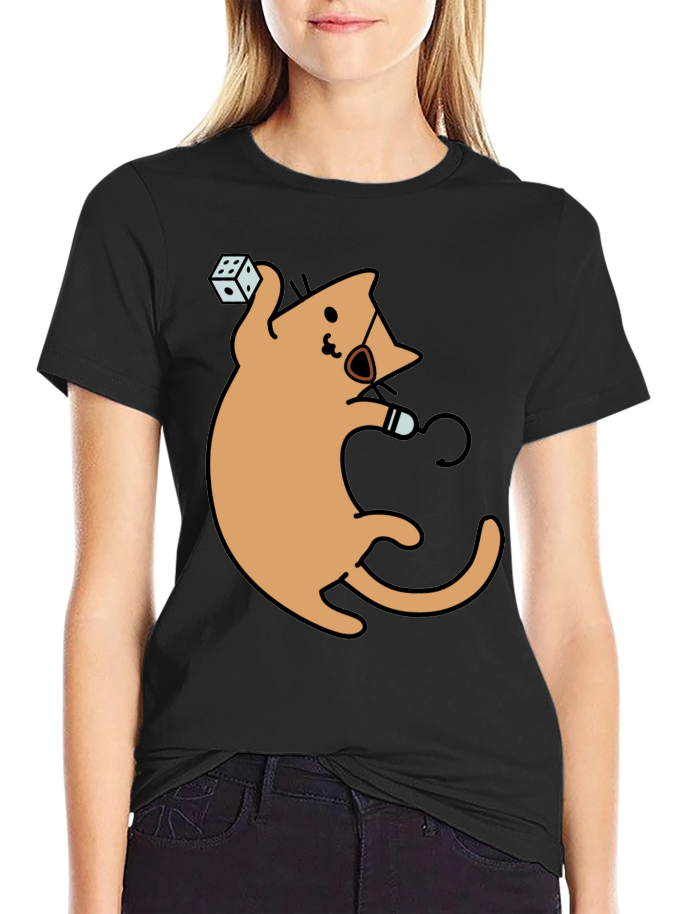 Dice Cat Graphic Tee - Black Cotton Shirt