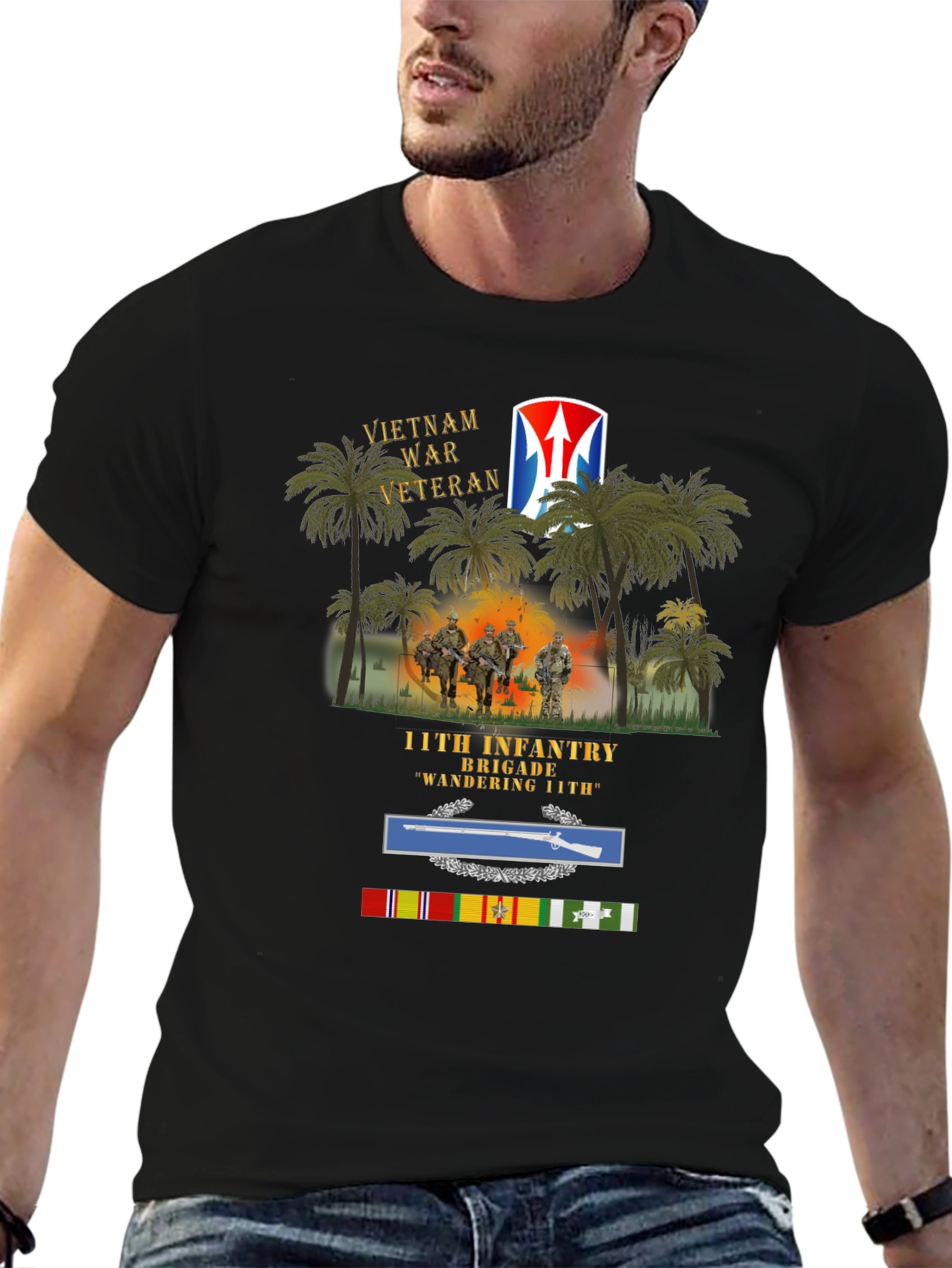 Vietnam War Veteran 11th Infantry Black T-Shirt