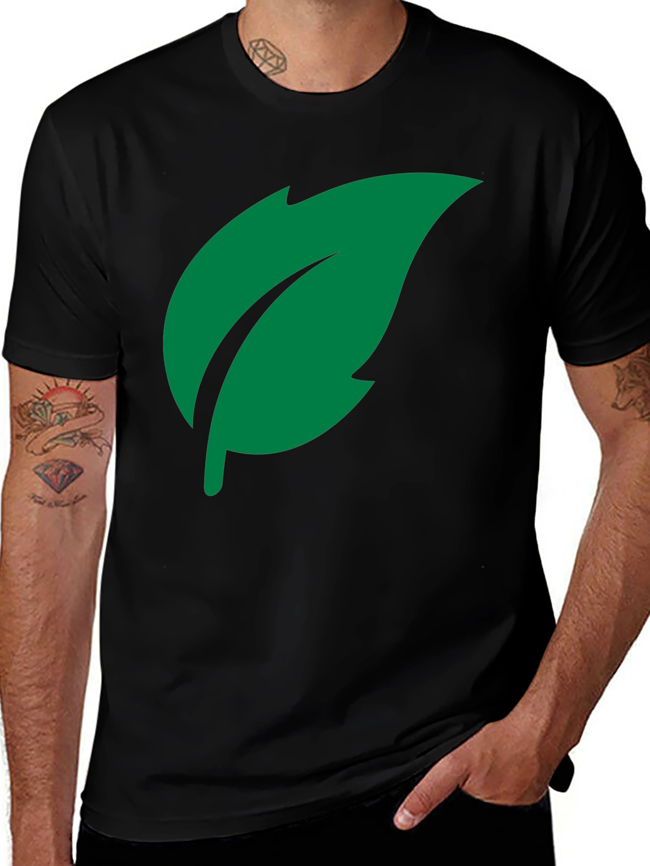 Green Leaf Graphic Tee - Black Cotton Casual Shirt