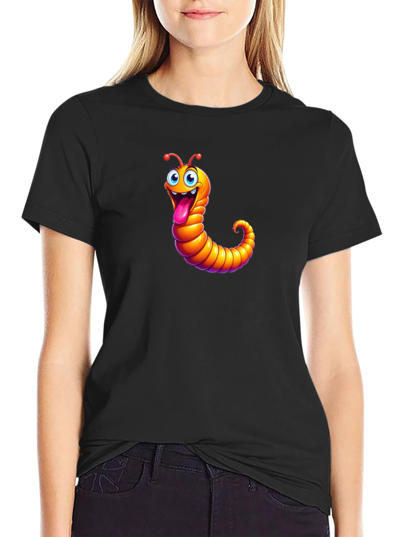 Funny Worm Graphic Black T-Shirt