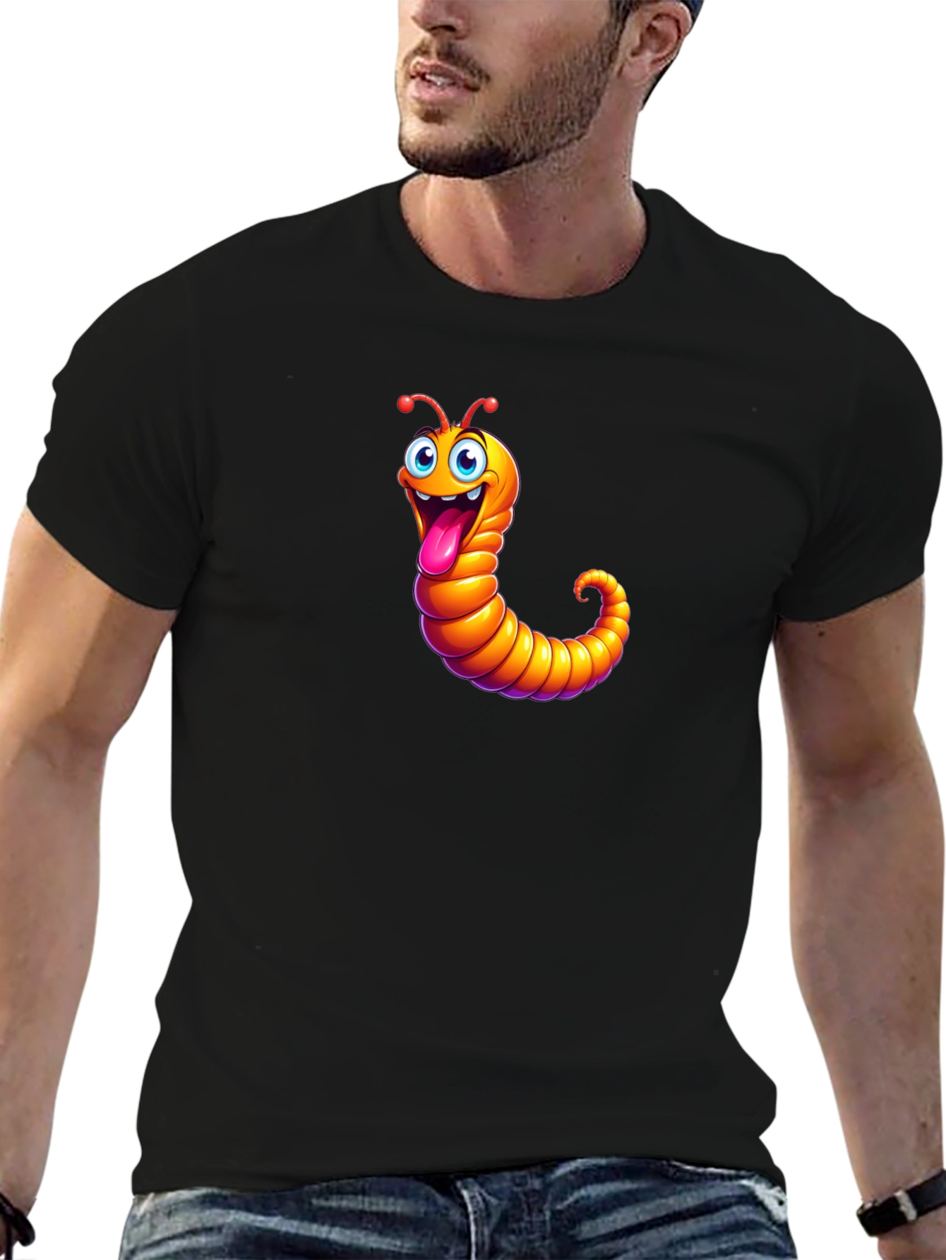 Funny Worm Graphic Black T-Shirt
