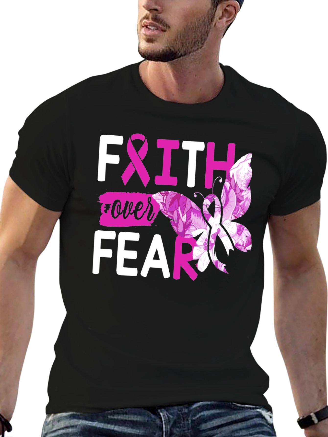 Faith Over Fear Breast Cancer Butterfly T-Shirt
