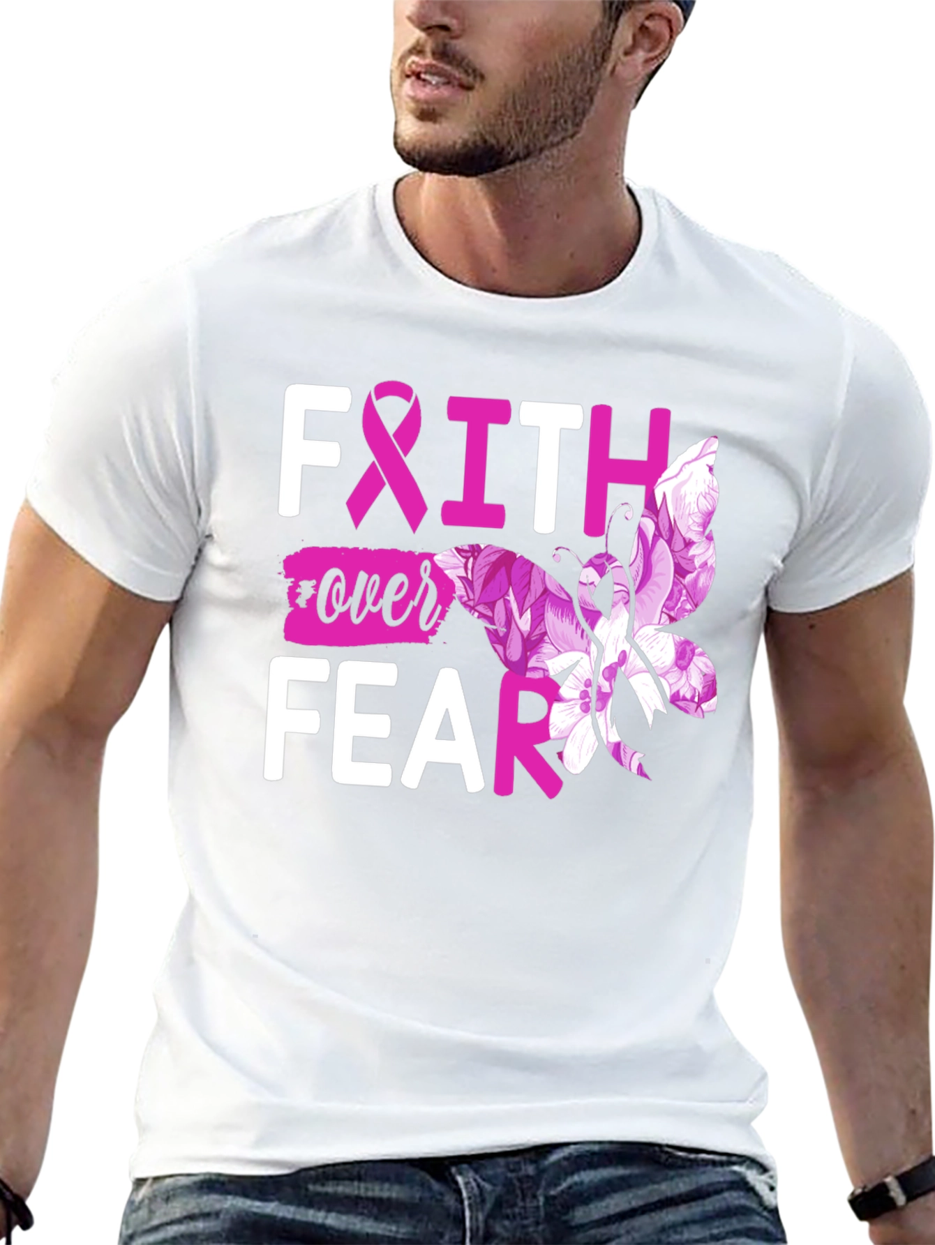 Faith Over Fear Breast Cancer Butterfly T-Shirt