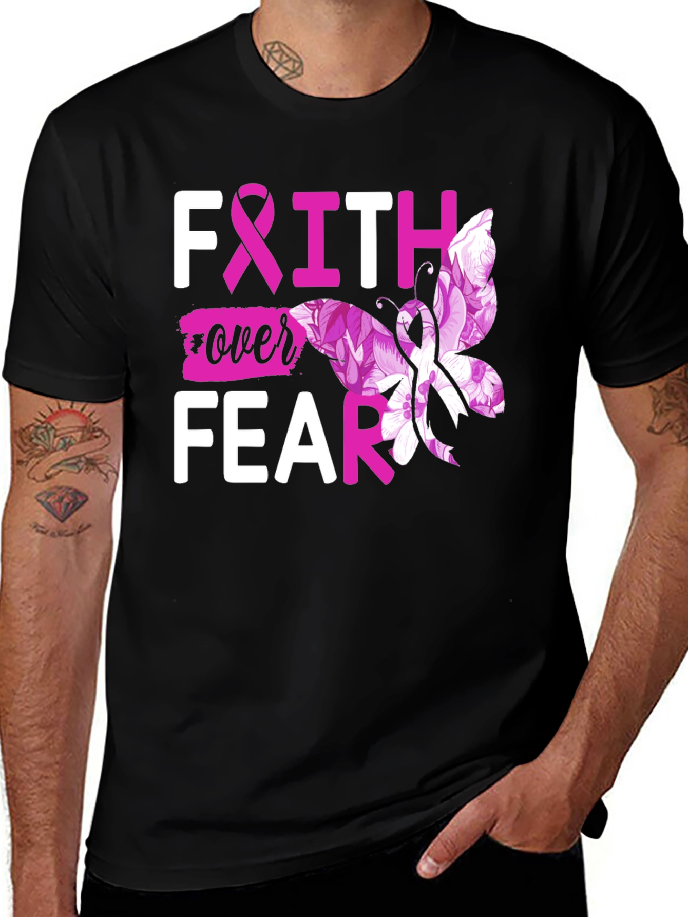Faith Over Fear Breast Cancer Butterfly T-Shirt