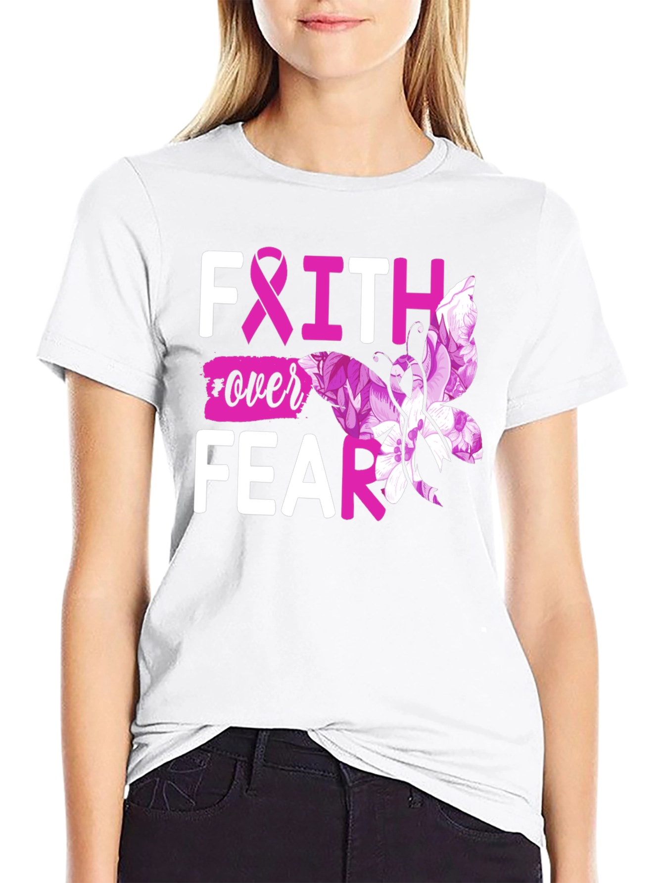 Faith Over Fear Breast Cancer Butterfly T-Shirt
