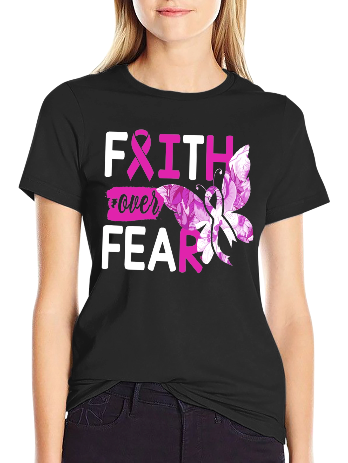 Faith Over Fear Breast Cancer Butterfly T-Shirt
