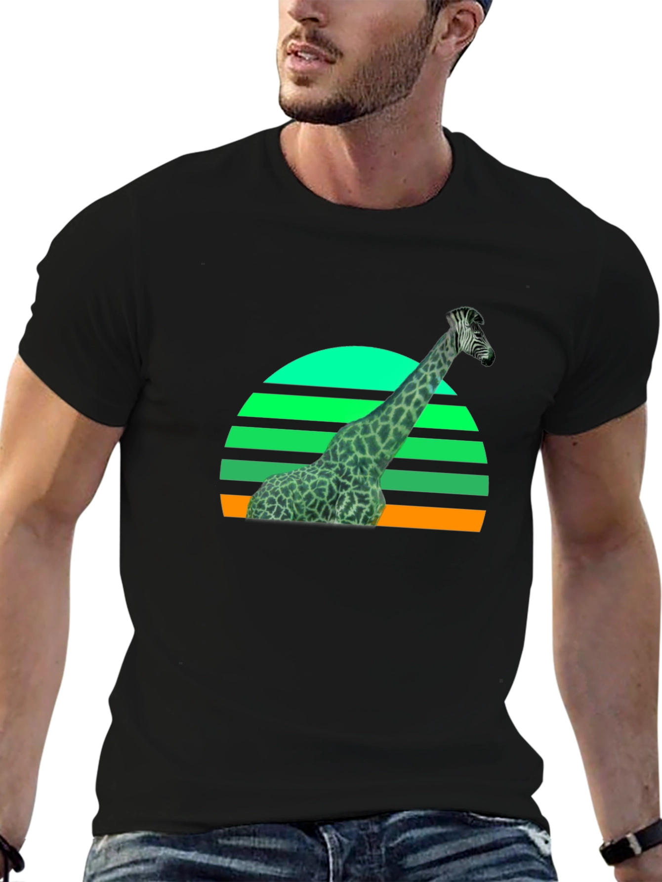 Giraffe Sunset Graphic T-Shirt - Black