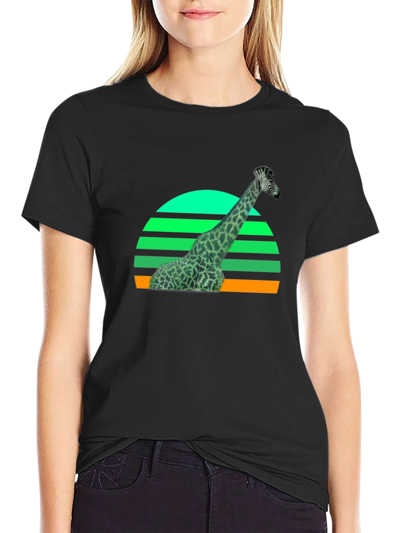 Giraffe Sunset Graphic T-Shirt - Black
