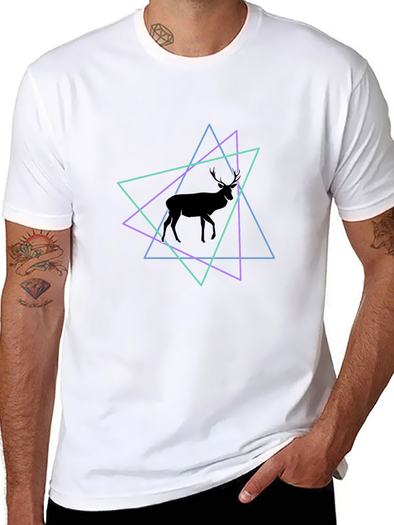 Geometric Deer Graphic Tee - Black Cotton Blend