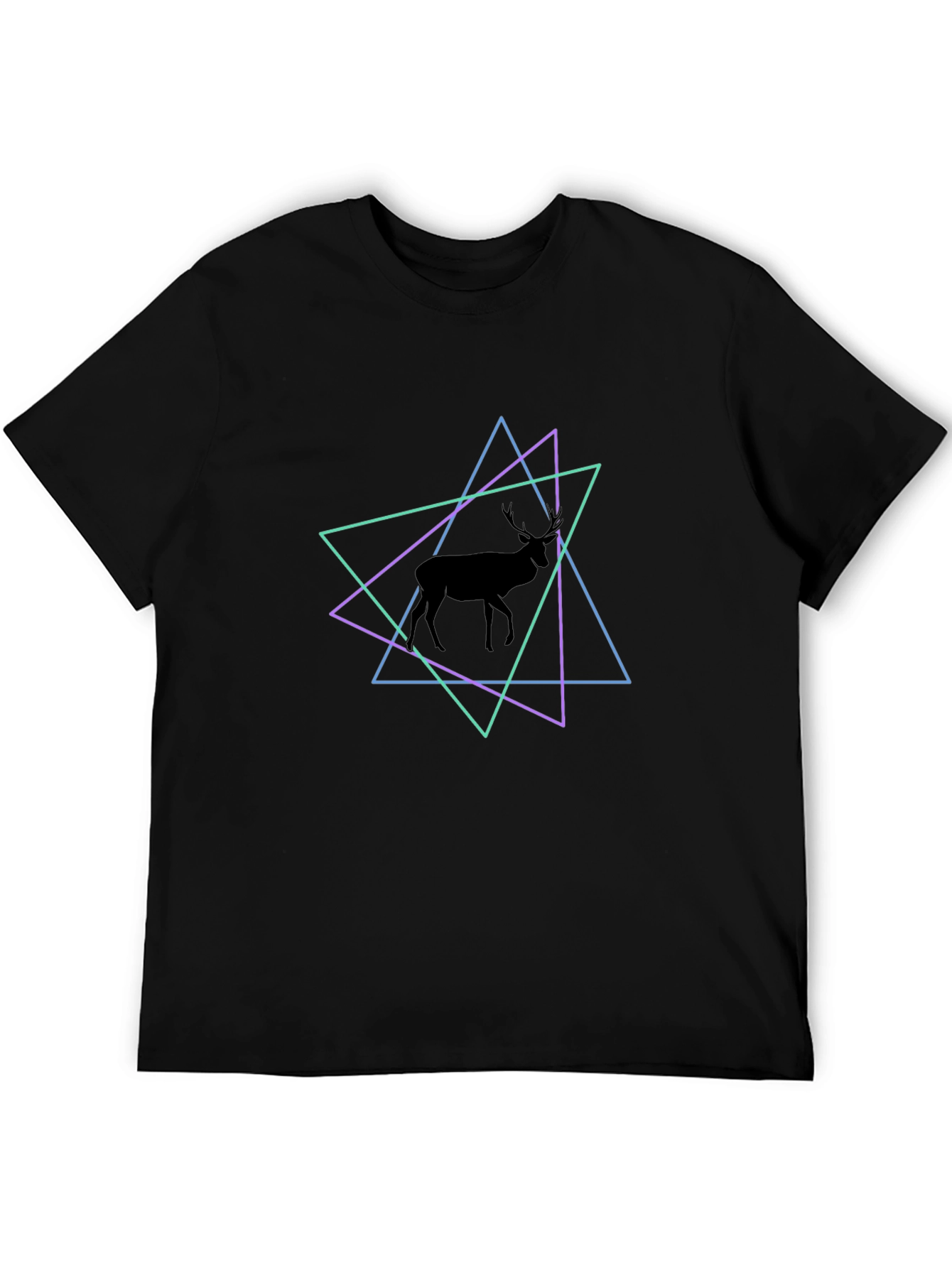 Geometric Deer Graphic Tee - Black Cotton Blend