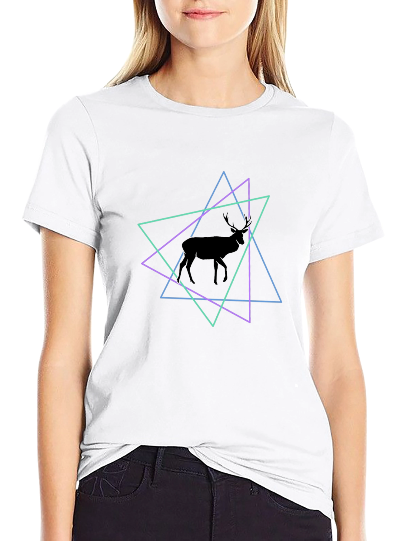 Geometric Deer Graphic Tee - Black Cotton Blend