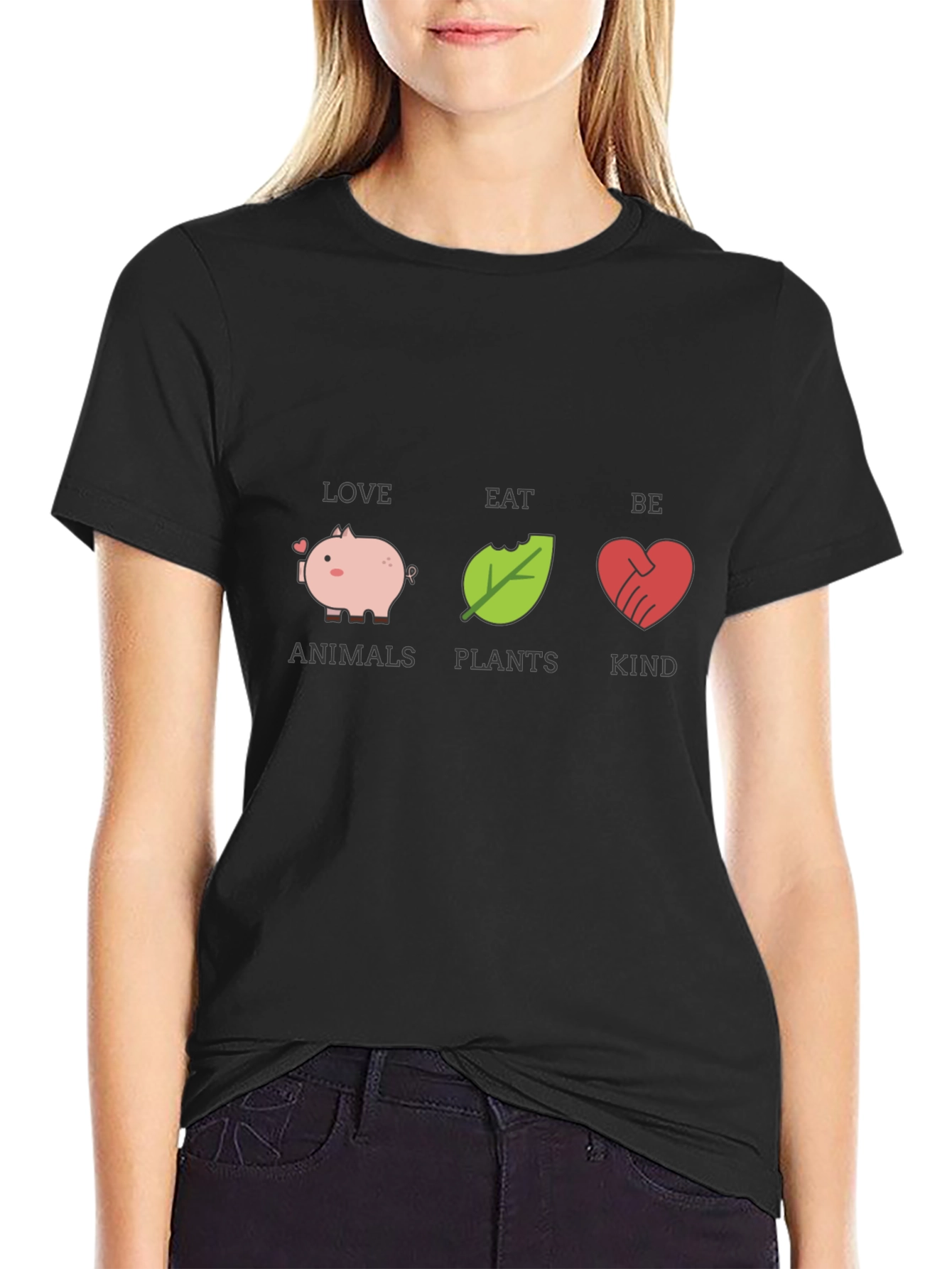 Love Animals Eat Plants Be Kind Black Graphic T-Shirt