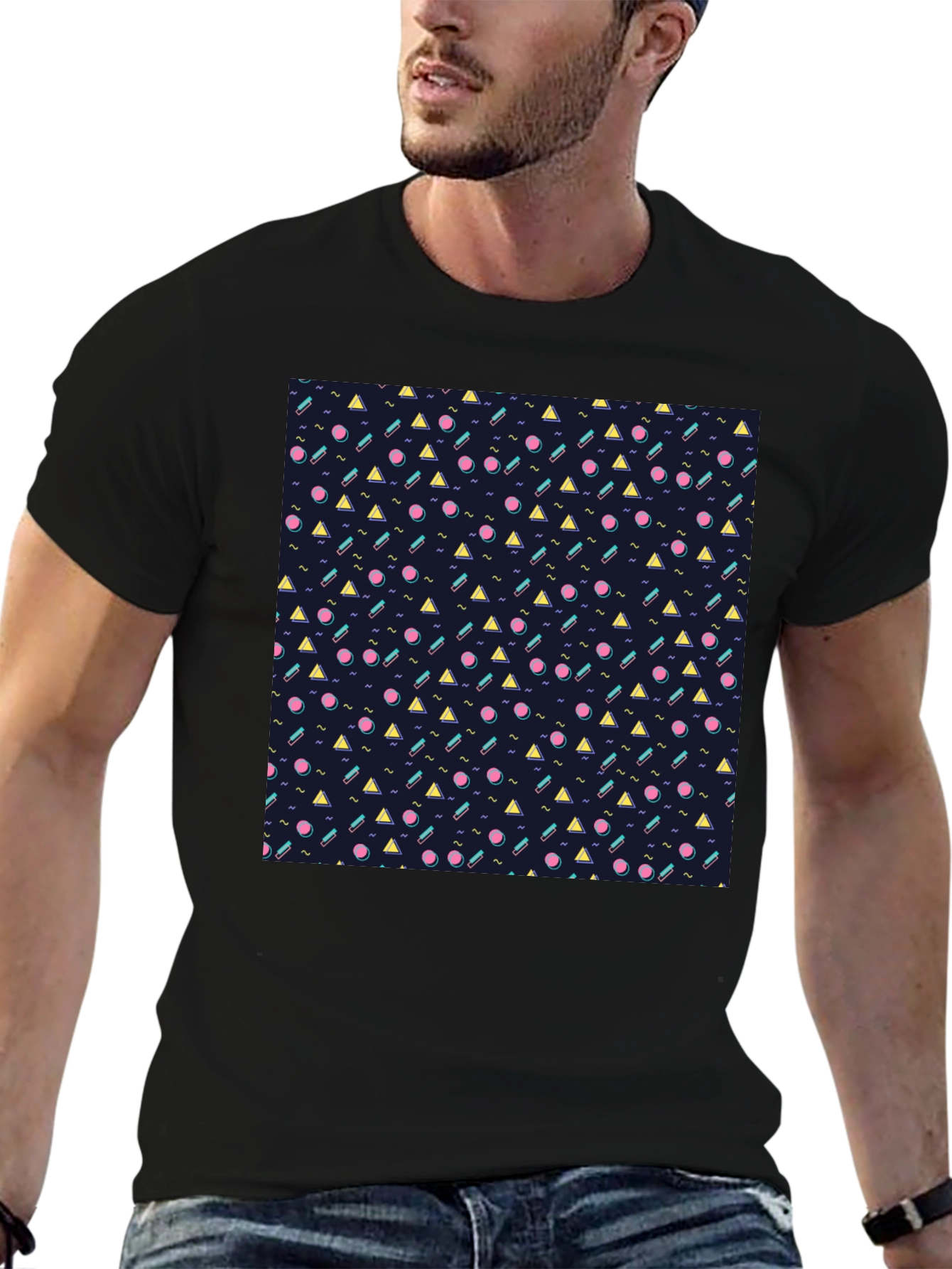Retro Geometric Pattern Black T-Shirt