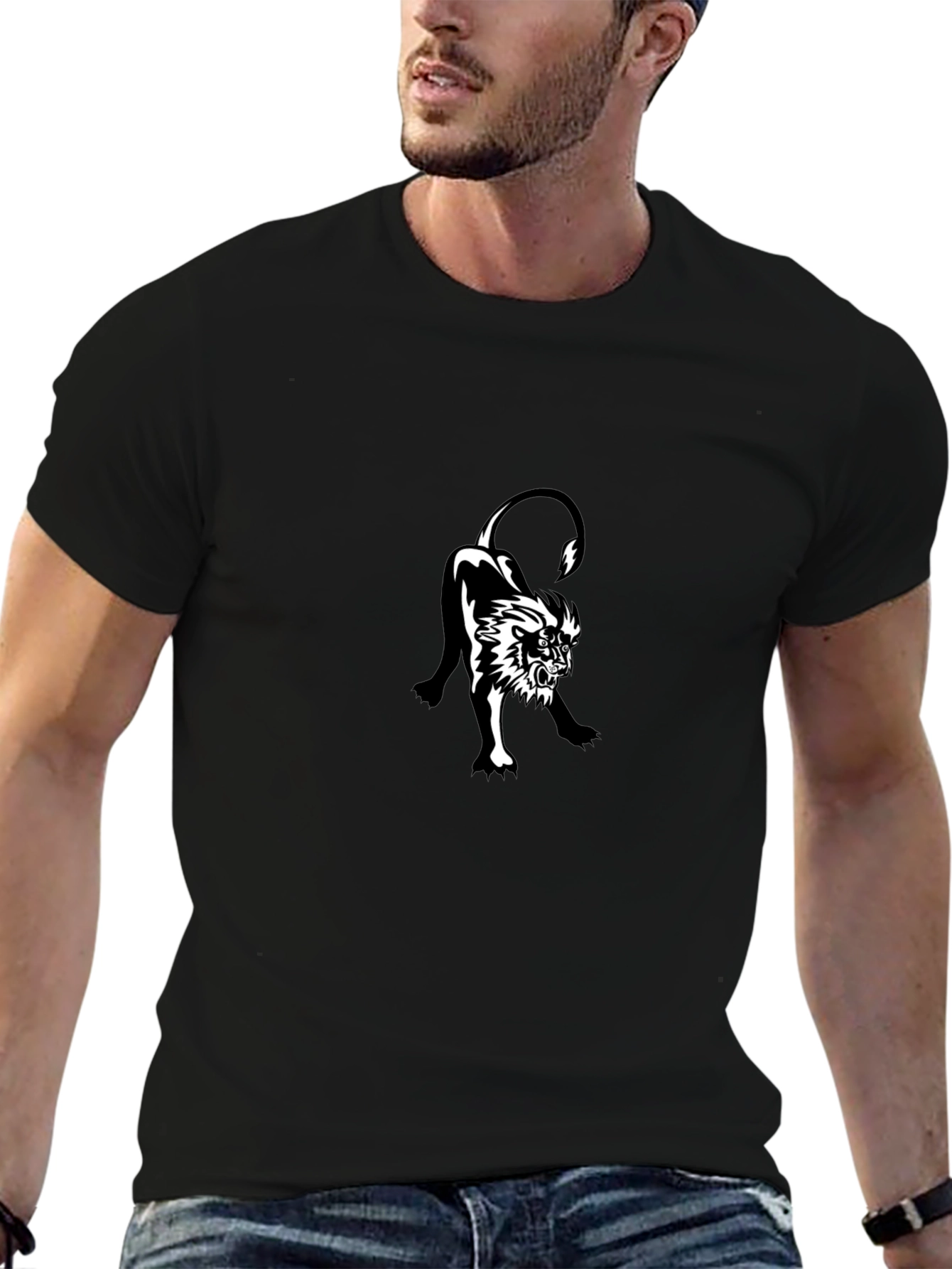 Black T-Shirt with Lion Graphic Print
