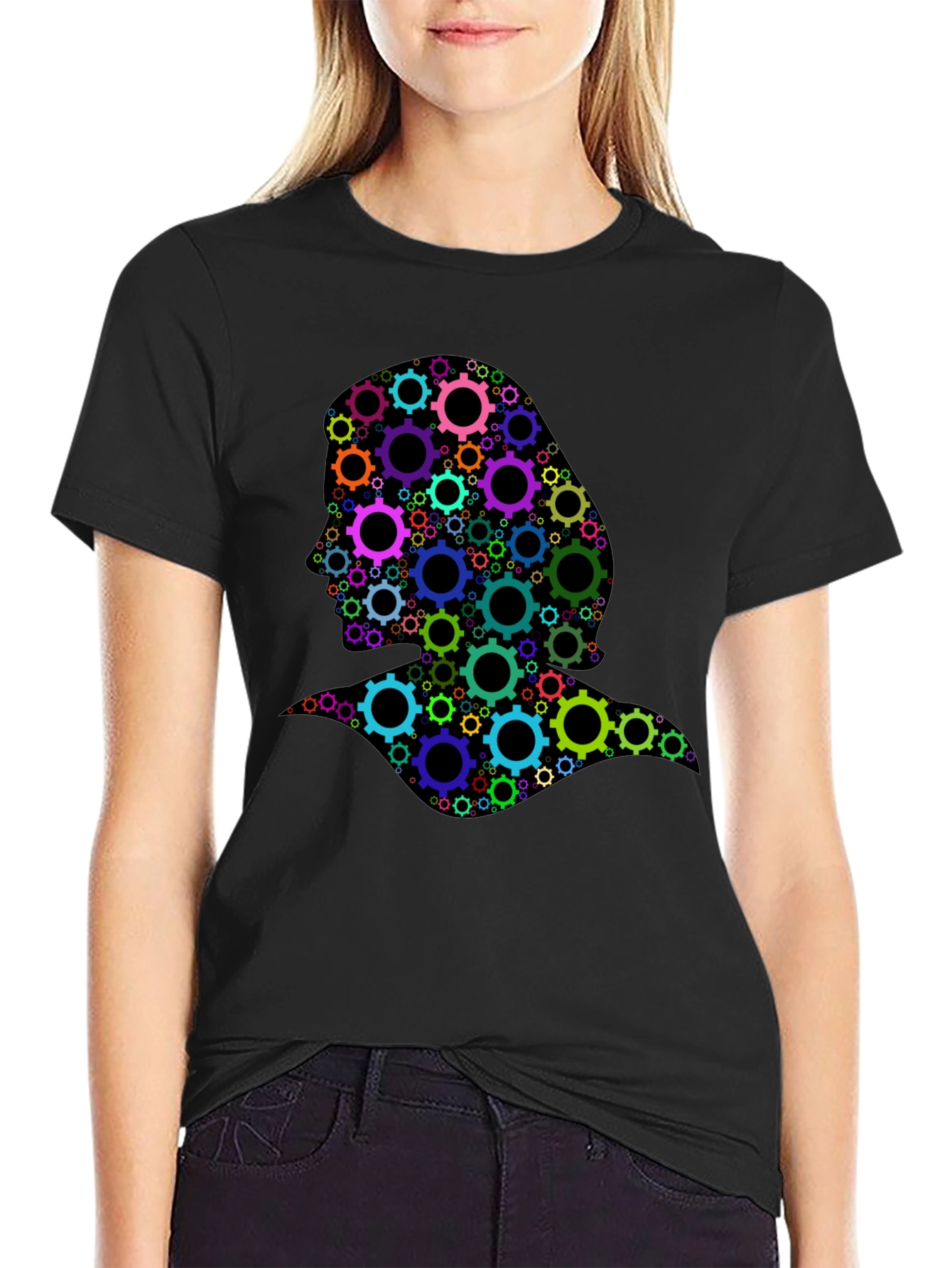 Gear Head Silhouette Graphic Tee - Black Cotton T-Shirt