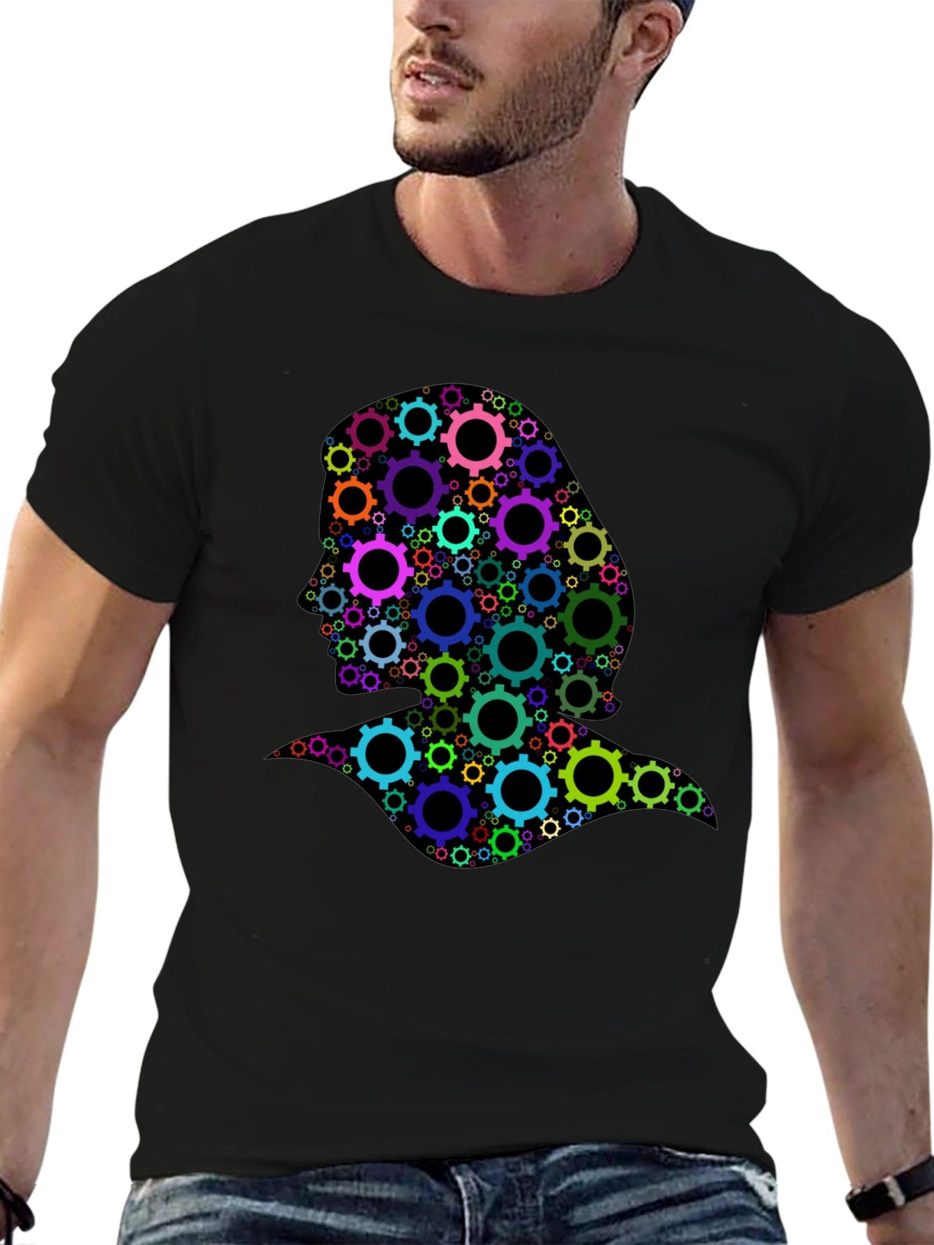 Gear Head Silhouette Graphic Tee - Black Cotton T-Shirt