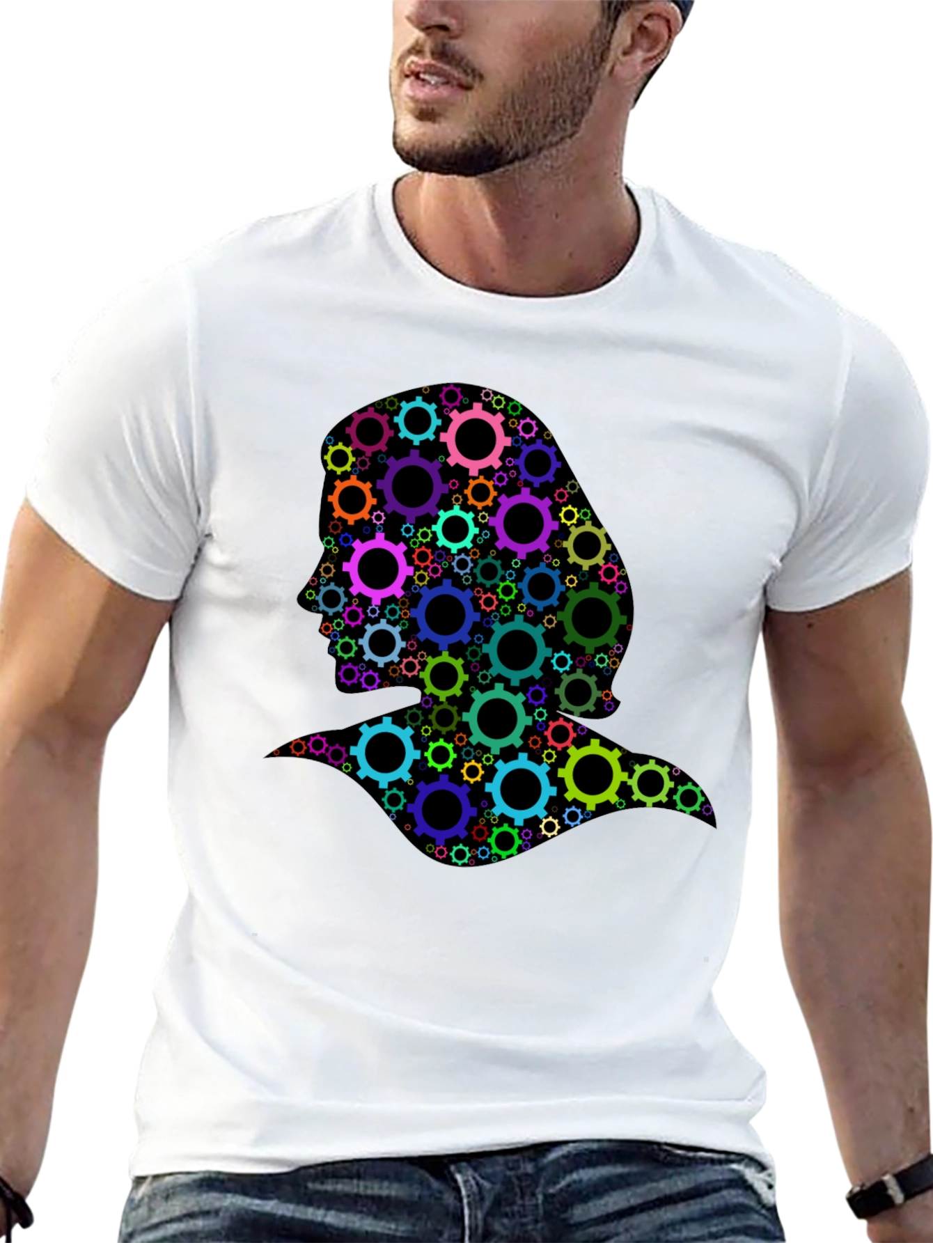 Gear Head Silhouette Graphic Tee - Black Cotton T-Shirt