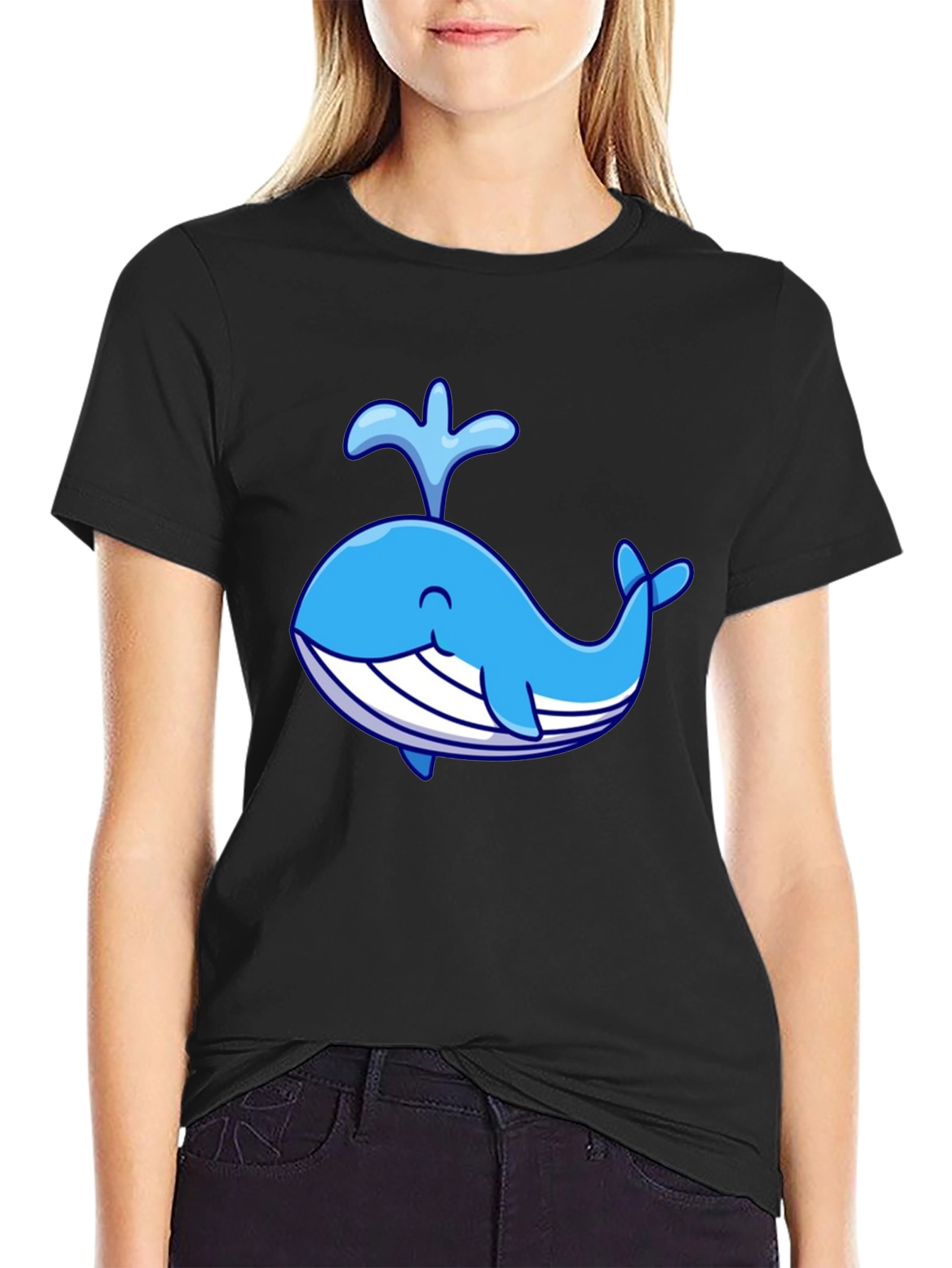 Cute Cartoon Whale Black T-Shirt