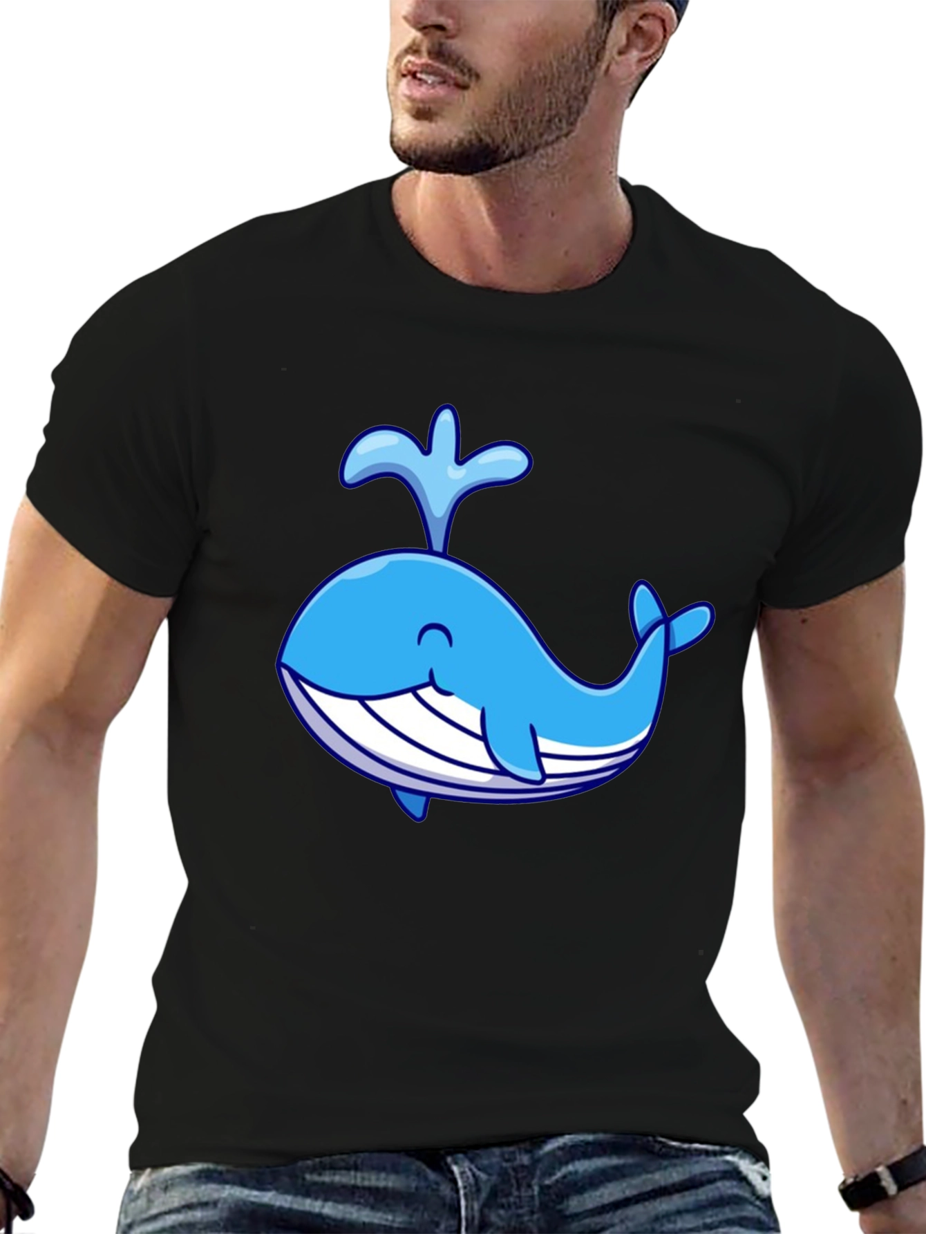 Cute Cartoon Whale Black T-Shirt