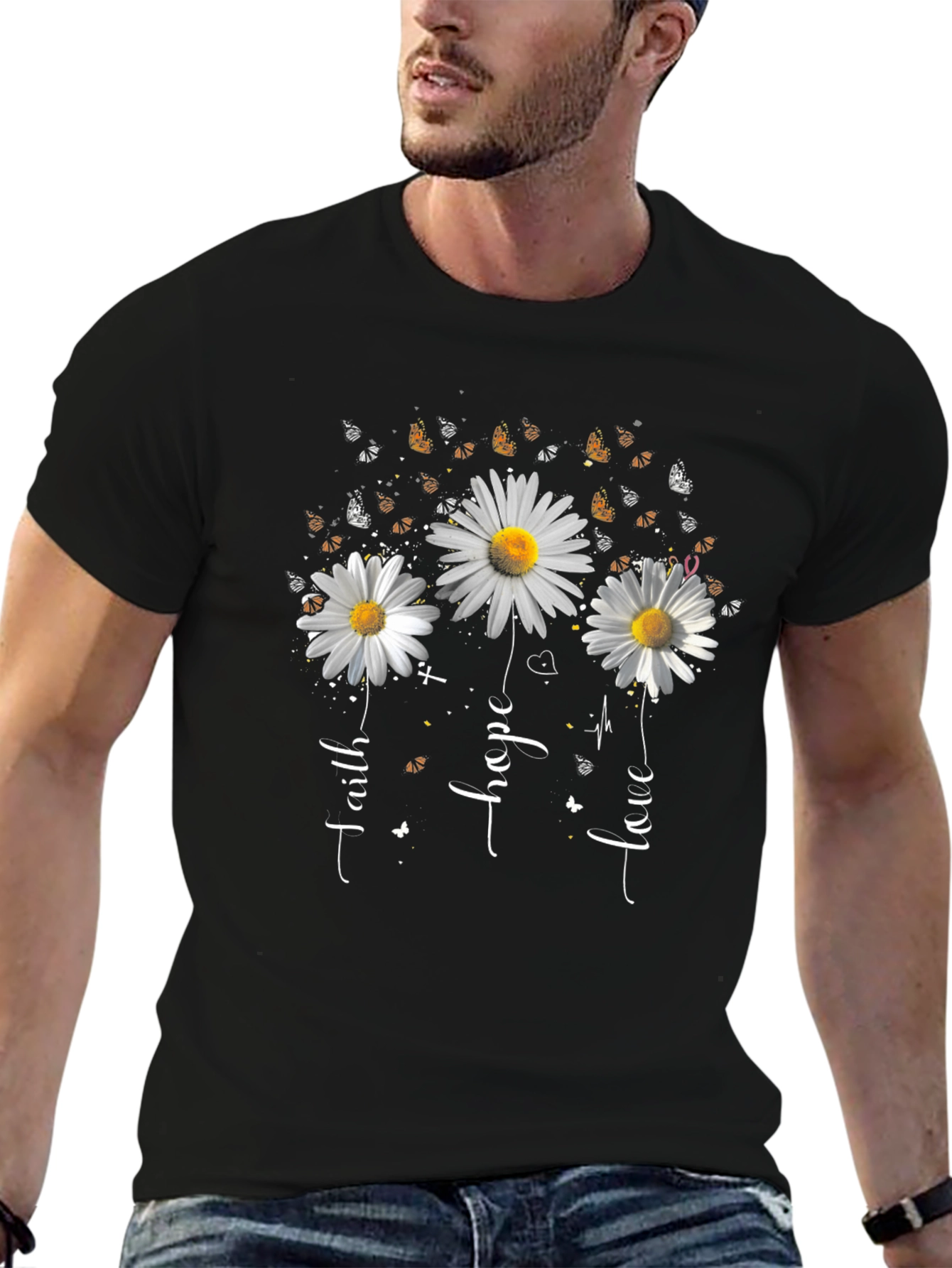 Faith Hope Love Daisy Butterfly Black T-Shirt