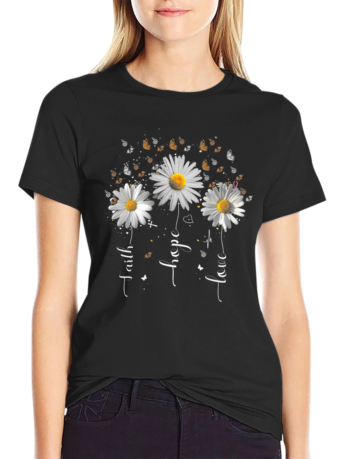 Faith Hope Love Daisy Butterfly Black T-Shirt
