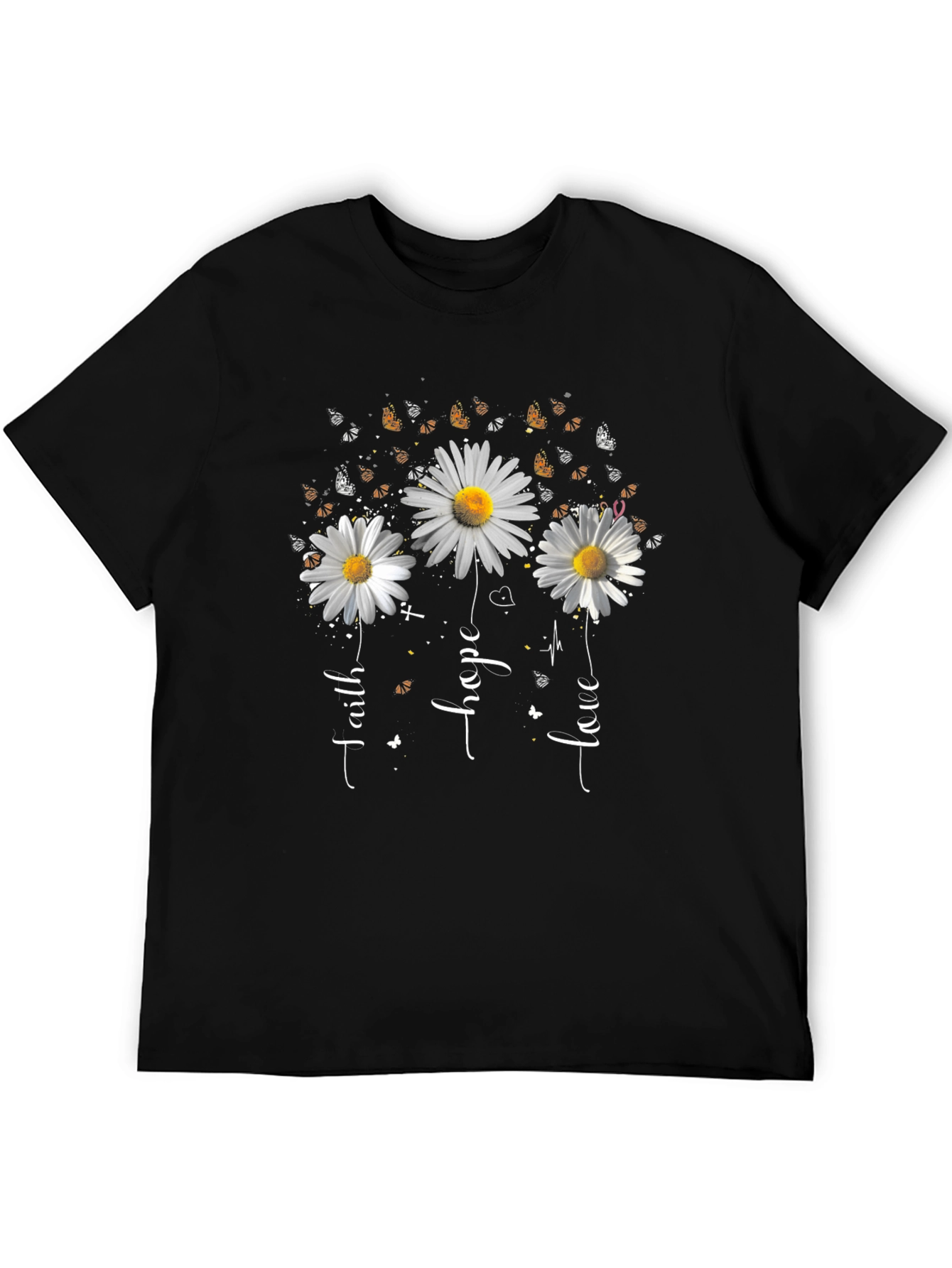 Faith Hope Love Daisy Butterfly Black T-Shirt
