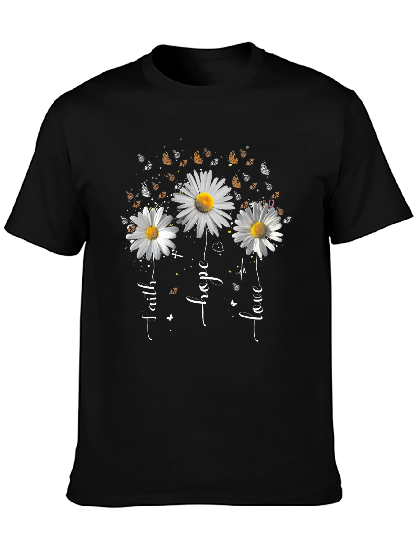 Faith Hope Love Daisy Butterfly Black T-Shirt