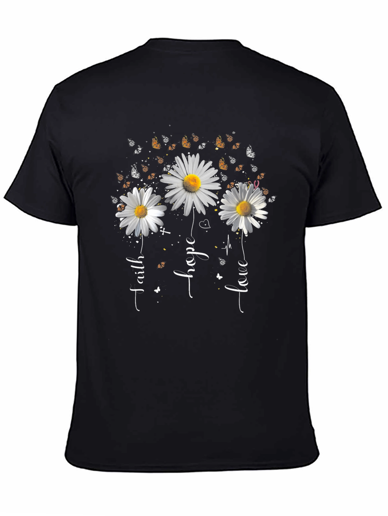 Faith Hope Love Daisy Butterfly Black T-Shirt