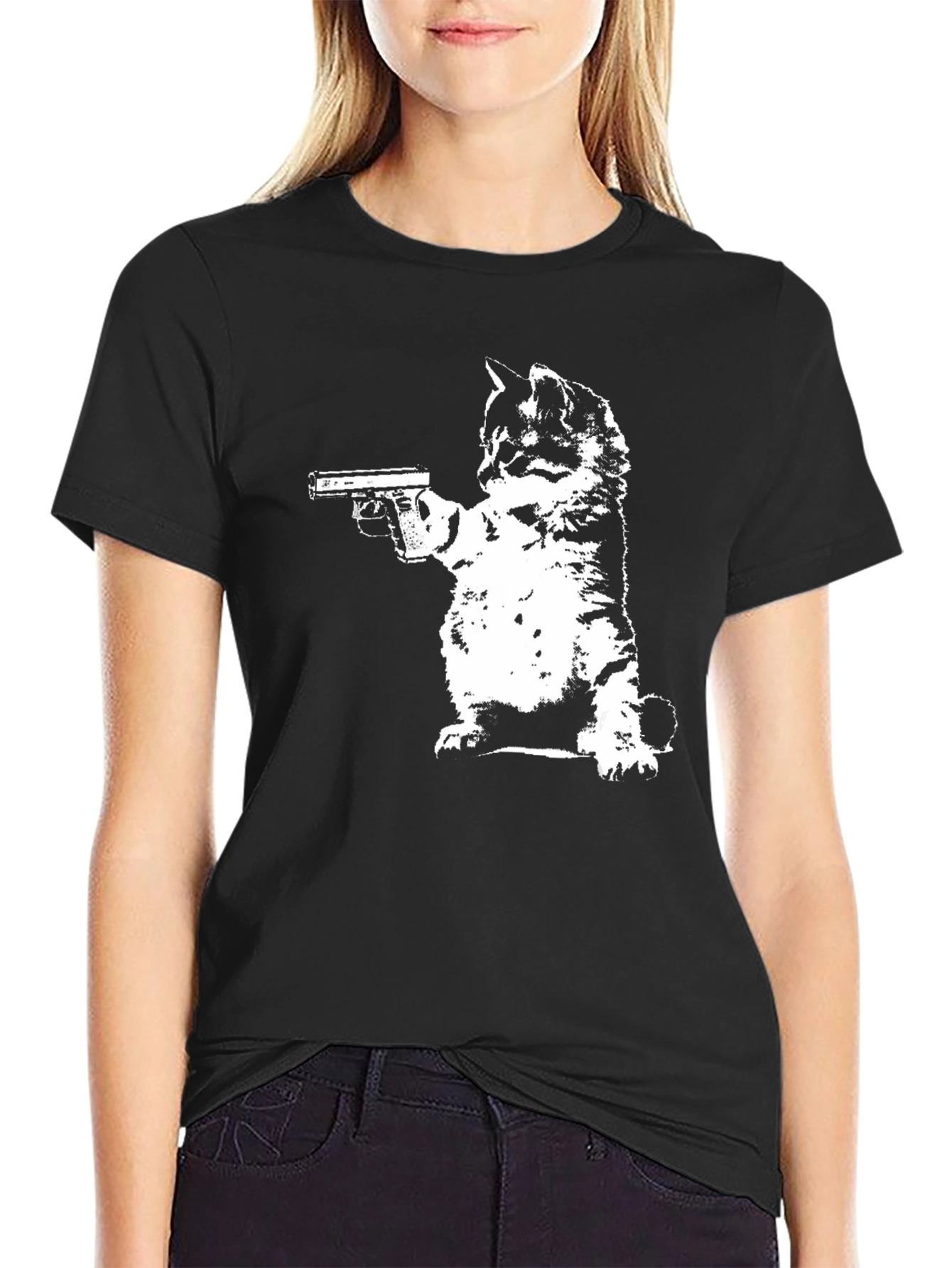 Cat With Gun Black T-Shirt
