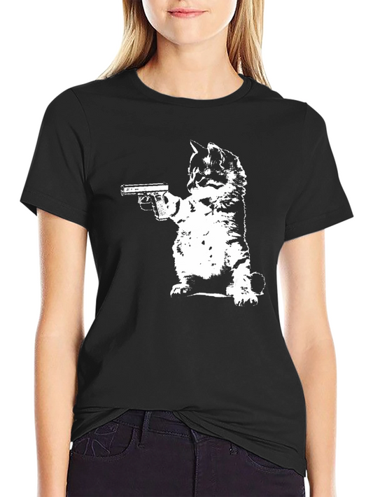 Cat With Gun Black T-Shirt