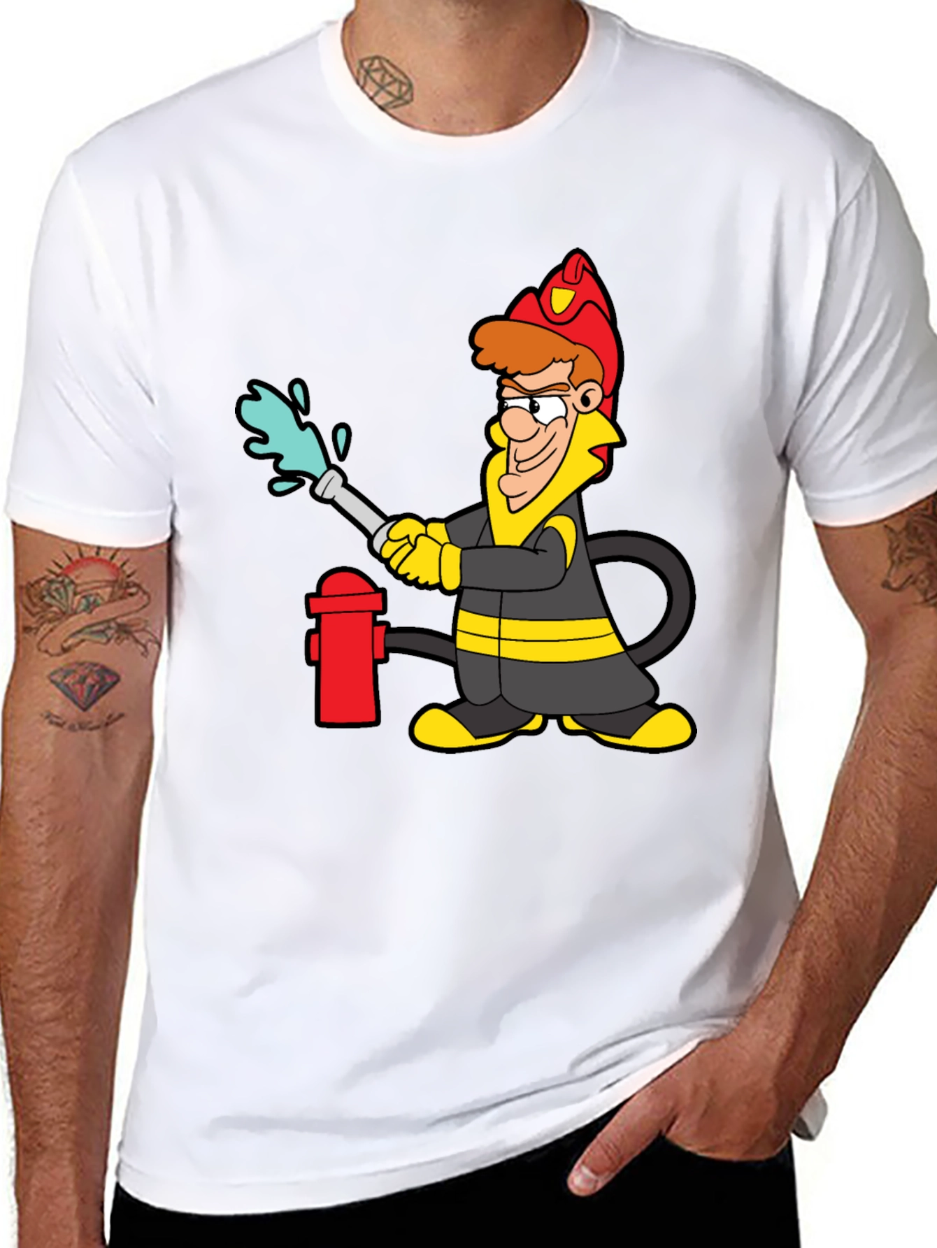 Cartoon Firefighter T-Shirt - Novelty Graphic Tee
