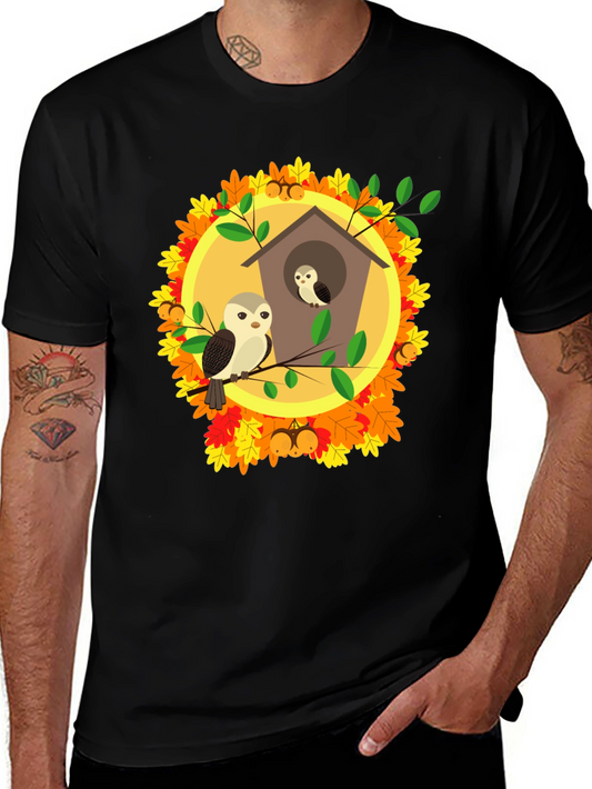Autumn Owl House T-Shirt: Fall Bird Design